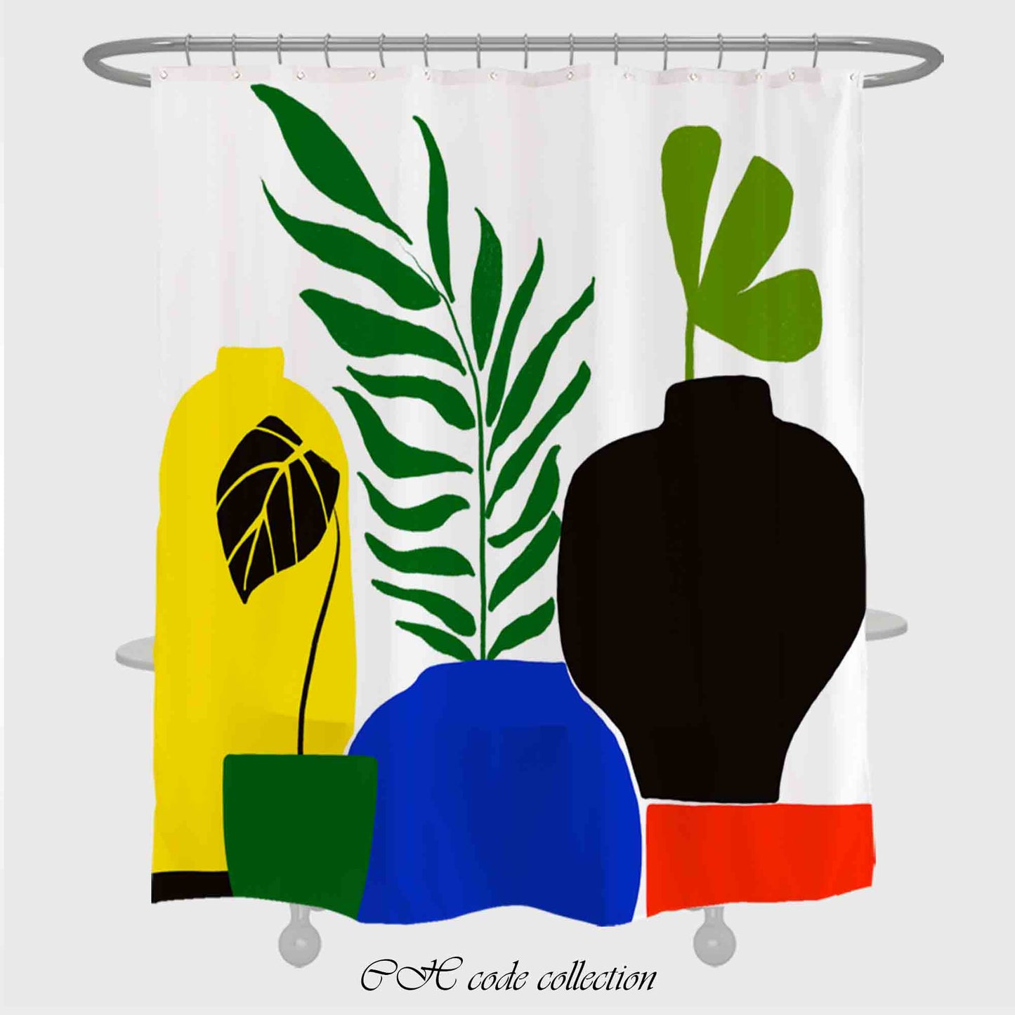 JoySwallow Green Leaves Colorful Vases Shower Curtain, Abstract Blocks Waterproof Curtains, Floral Machine Washable Shower Curtains, Heavy Weighted Bath Curtains with hooks
