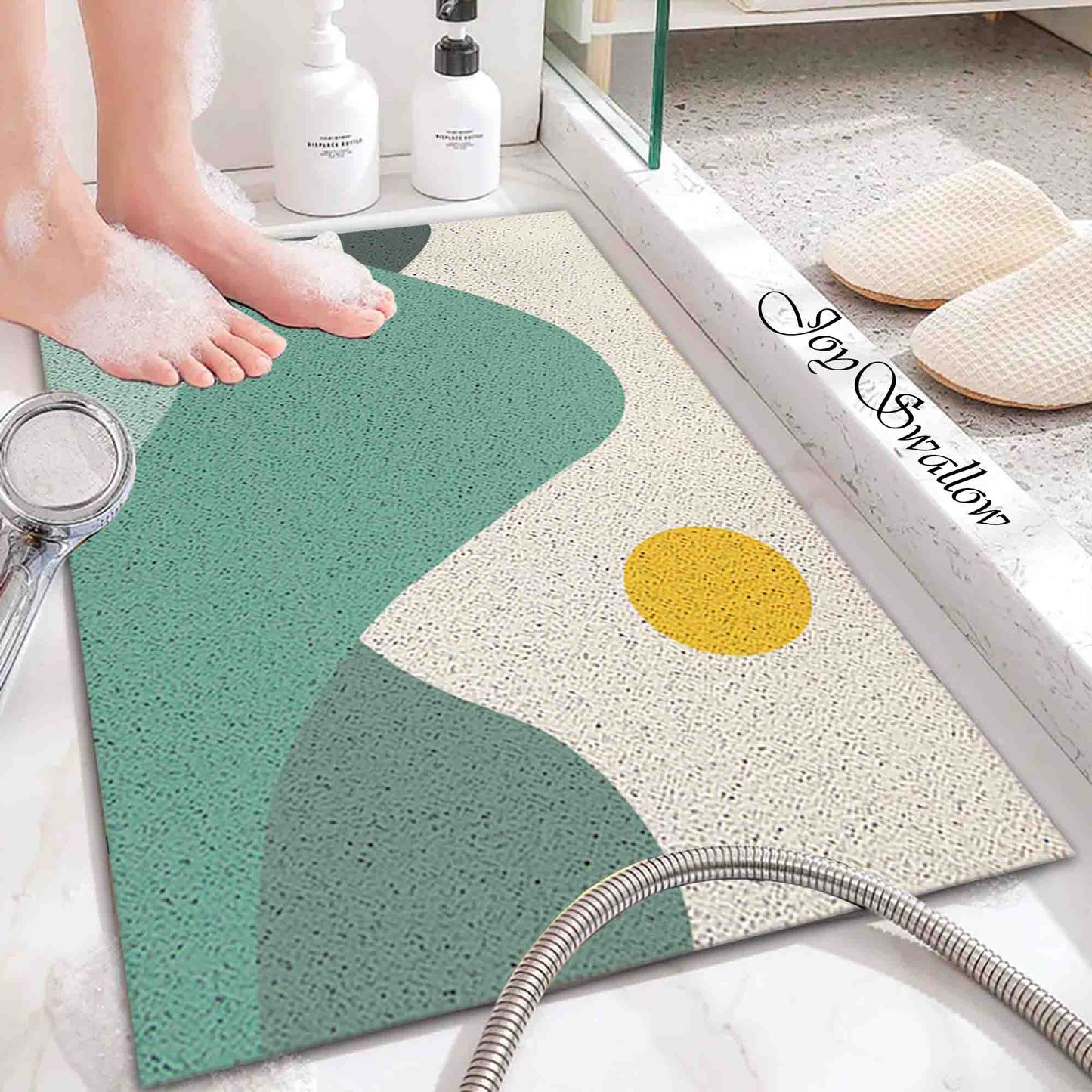 JoySwallow Personalized Bathtub Mat, Green Mountain and Sun Tub Mat, Scenery PVC Coil Permeable Bath Mat, Landscape Drainable Bath Rug, Anti Skid Bathmat