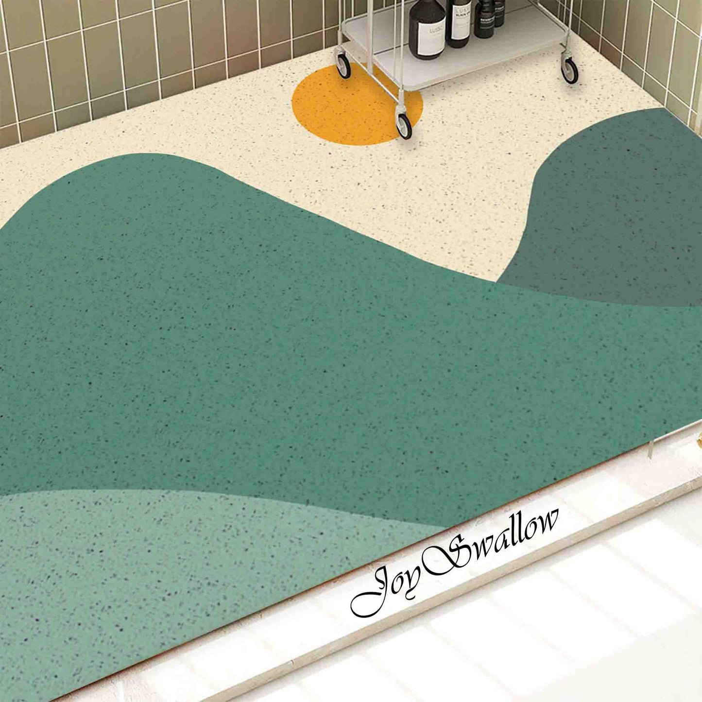 JoySwallow Personalized Bathtub Mat, Green Mountain and Sun Tub Mat, Scenery PVC Coil Permeable Bath Mat, Landscape Drainable Bath Rug, Anti Skid Bathmat