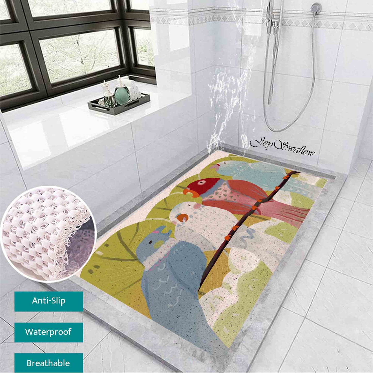 JoySwallow Personalized Bathtub Mat, Happy Singing Parrot Tub Mat, PVC Coil Permeable Bath Mat, Birds Drainable Bath Rug, Anti Skid Bathmat