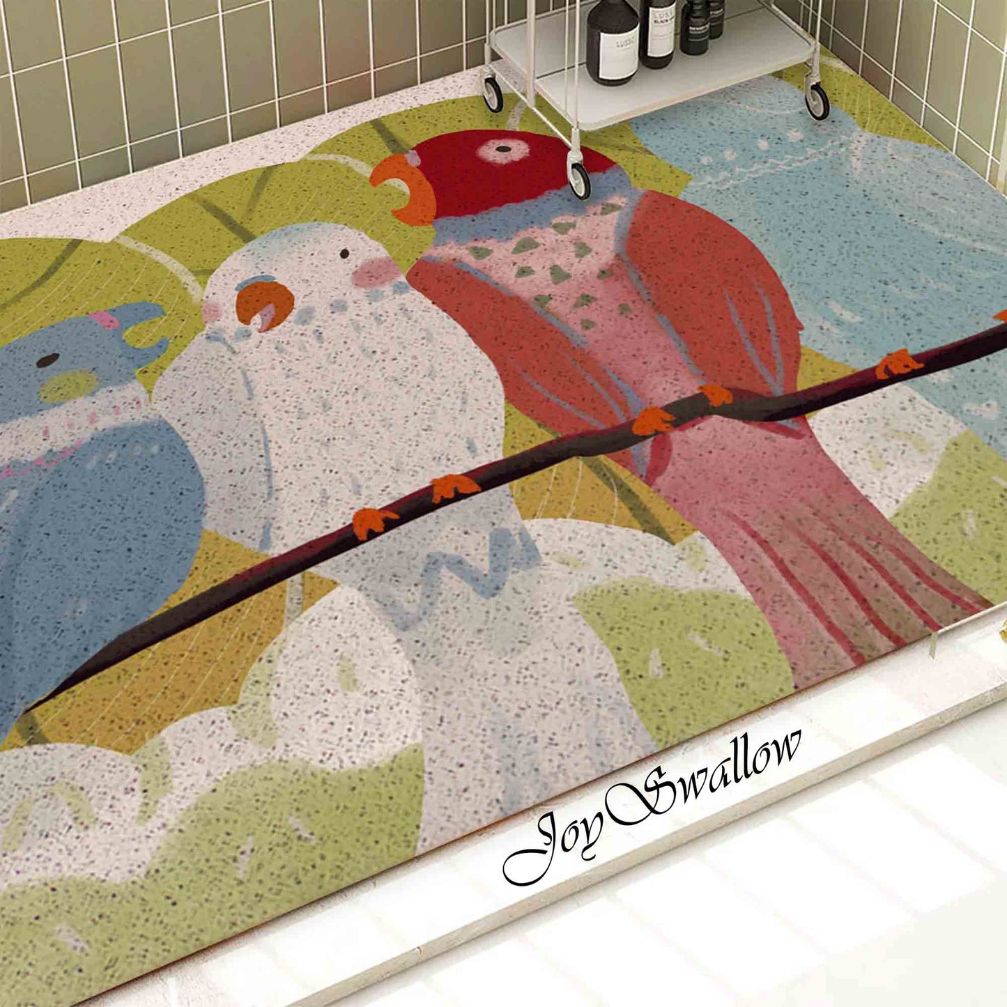 JoySwallow Personalized Bathtub Mat, Happy Singing Parrot Tub Mat, PVC Coil Permeable Bath Mat, Birds Drainable Bath Rug, Anti Skid Bathmat