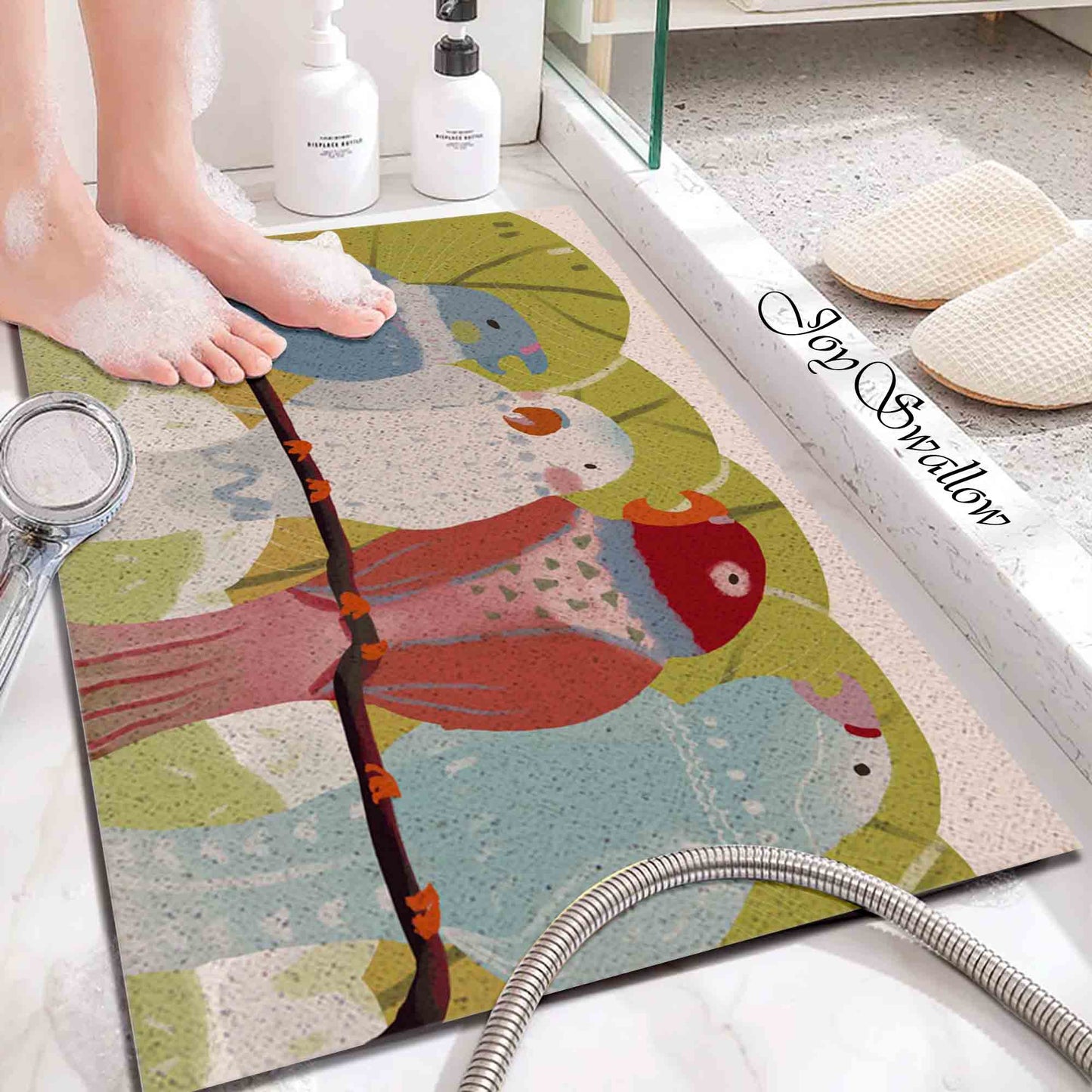 JoySwallow Personalized Bathtub Mat, Happy Singing Parrot Tub Mat, PVC Coil Permeable Bath Mat, Birds Drainable Bath Rug, Anti Skid Bathmat
