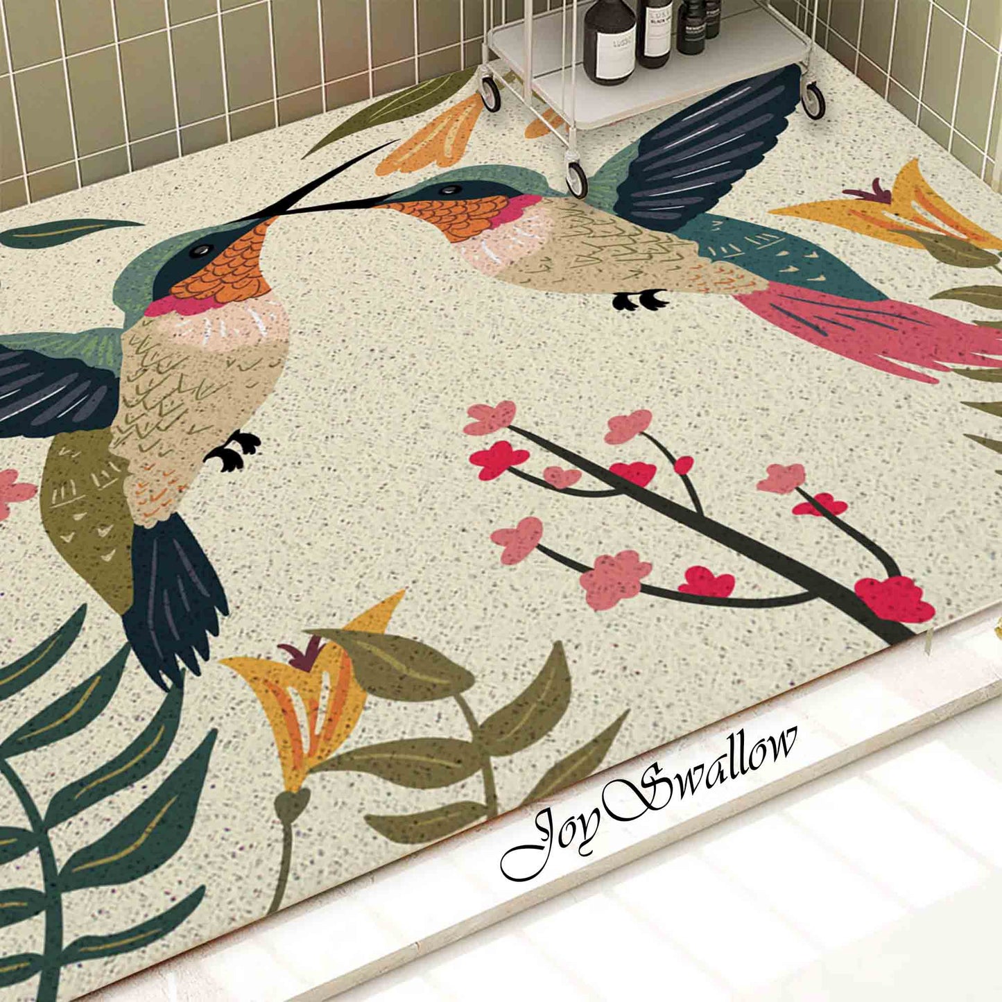 JoySwallow Personalized Bathtub Mat, Hummingbird Bathtub Mat, Art PVC Coil Shower Mat, Flower Anti Skid PVC Coil Bathmat, Permeable Bathmat, Drainable Rug