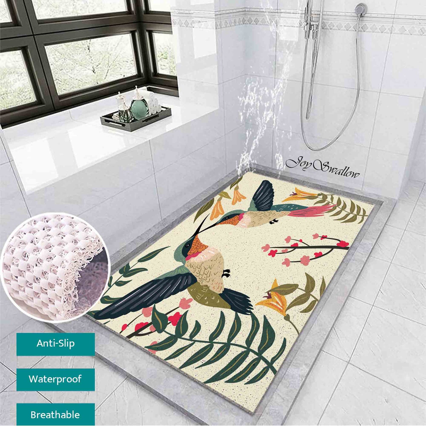 JoySwallow Personalized Bathtub Mat, Hummingbird Bathtub Mat, Art PVC Coil Shower Mat, Flower Anti Skid PVC Coil Bathmat, Permeable Bathmat, Drainable Rug