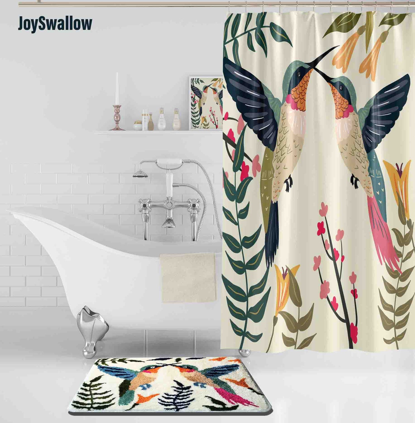JoySwallow Hummingbird Shower Curtain, Birds Shower Curtain, Floral Curtain, Waterproof Curtains, Animal Machine Washable Shower Curtains, Heavy Weighted Bath Curtains with hooks