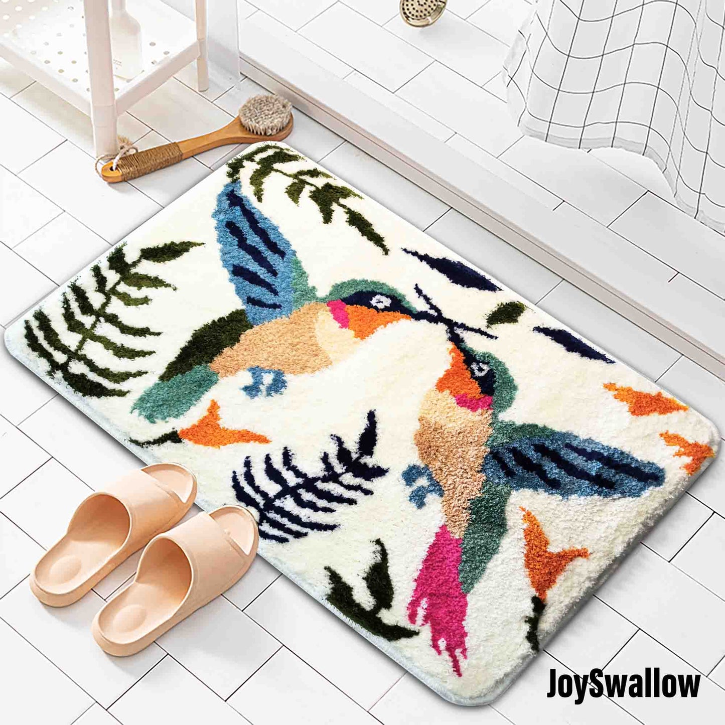 JoySwallow Hummingbird Tufted Bathmat, Floral Rug, Area Rug, Bedroom Rugs