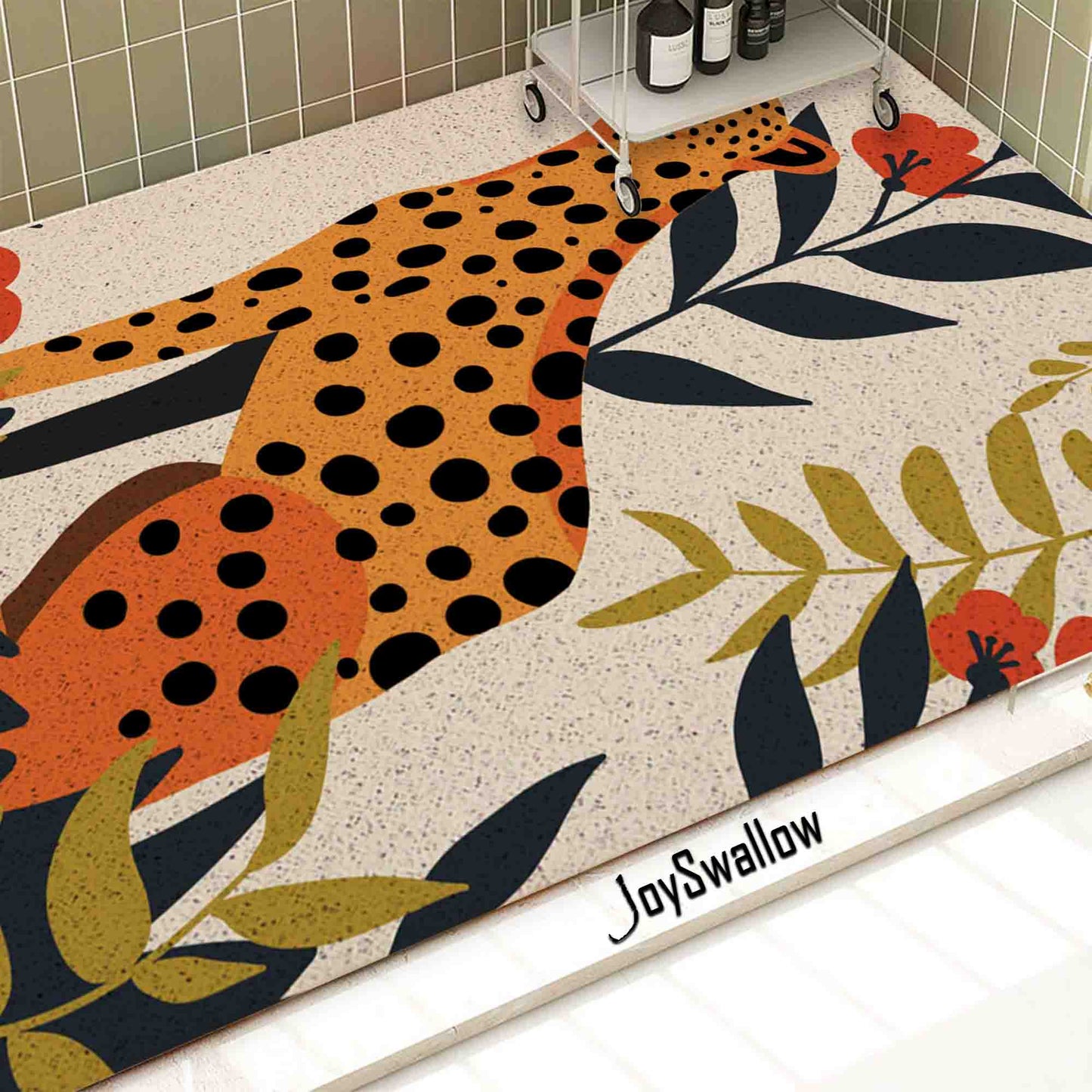 JoySwallow Personalized Bathtub Mat, Jungle Leopard Bathtub Mat, Cheetah PVC Coil Shower Mat, Anti Skid PVC Coil Bathmat, Animal Permeable Bathmat, Glass and Pot Drainable Rug
