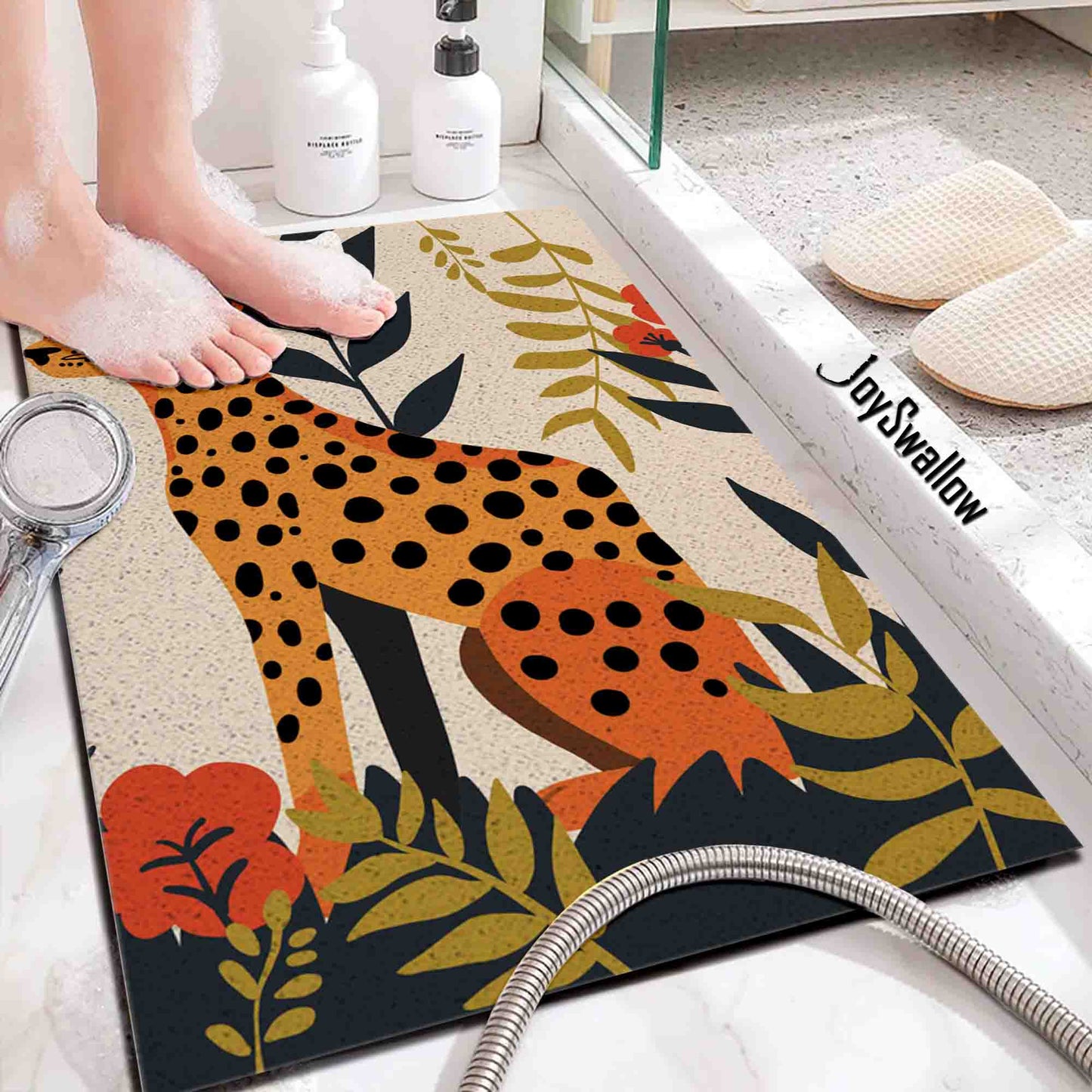 JoySwallow Personalized Bathtub Mat, Jungle Leopard Bathtub Mat, Cheetah PVC Coil Shower Mat, Anti Skid PVC Coil Bathmat, Animal Permeable Bathmat, Glass and Pot Drainable Rug