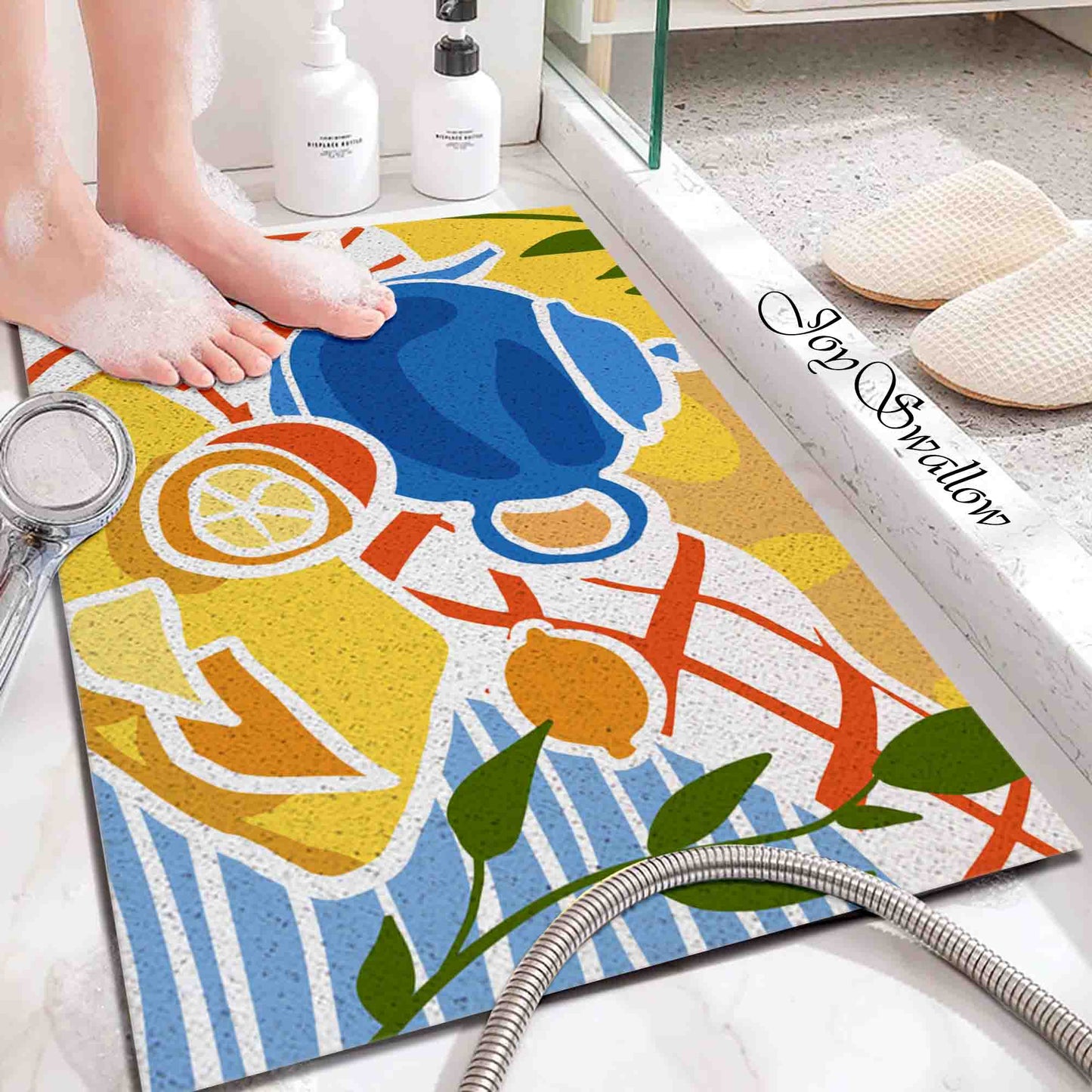 JoySwallow Personalized Bathtub Mat, Lemon Tea Pot Bathtub Mat, PVC Coil Shower Mat, Anti Skid PVC Coil Bathmat, Floral Permeable Bathmat, Irregular Shaped Drainable Rug