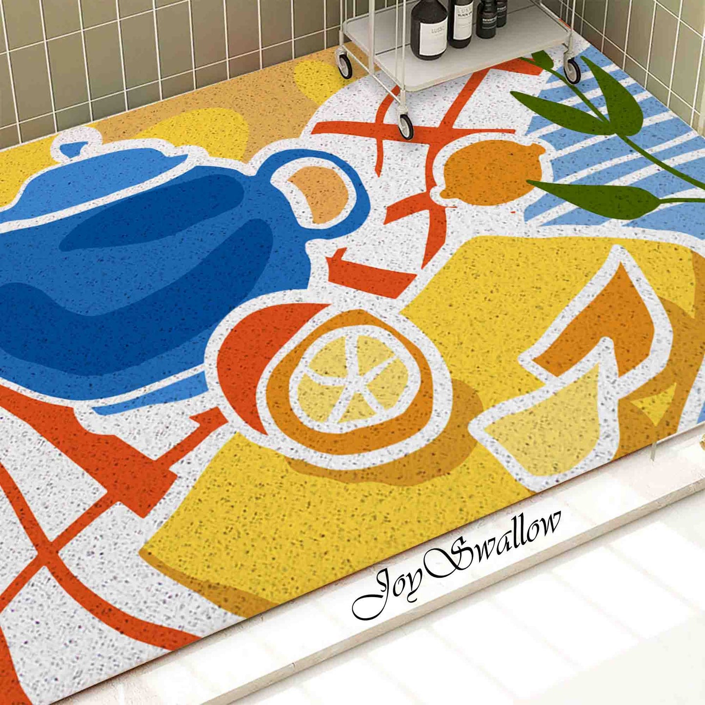 JoySwallow Personalized Bathtub Mat, Lemon Tea Pot Bathtub Mat, PVC Coil Shower Mat, Anti Skid PVC Coil Bathmat, Floral Permeable Bathmat, Irregular Shaped Drainable Rug