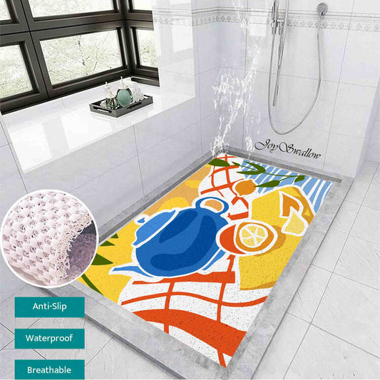 JoySwallow Personalized Bathtub Mat, Lemon Tea Pot Bathtub Mat, PVC Coil Shower Mat, Anti Skid PVC Coil Bathmat, Floral Permeable Bathmat, Irregular Shaped Drainable Rug