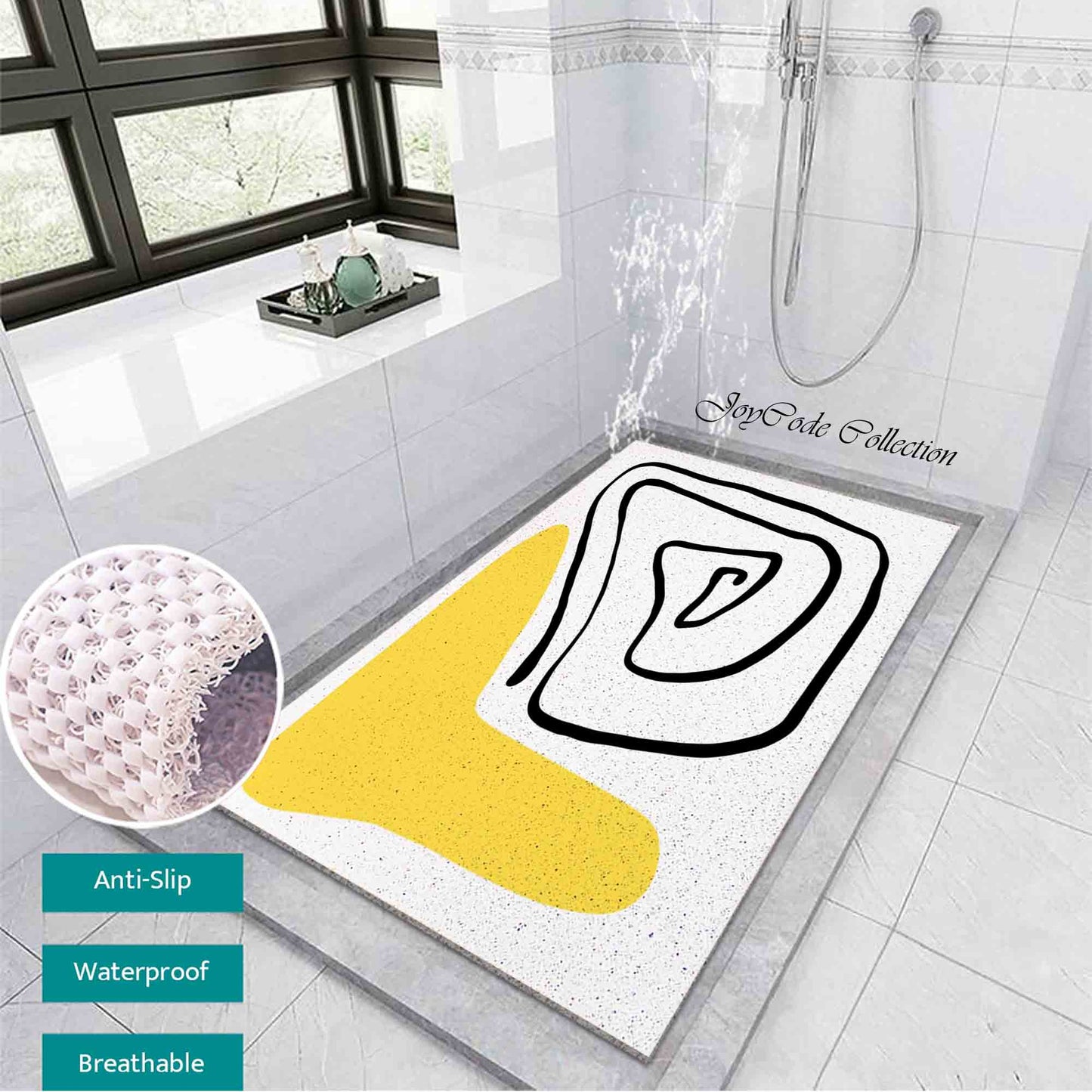 JoySwallow Personalized Bathtub Mat, Line and Block Art Bathtub Mat, Line Art PVC Coil Shower Mat, Geometrical Anti Skid PVC Coil Bathmat, Permeable Bathmat, Drainable Rug