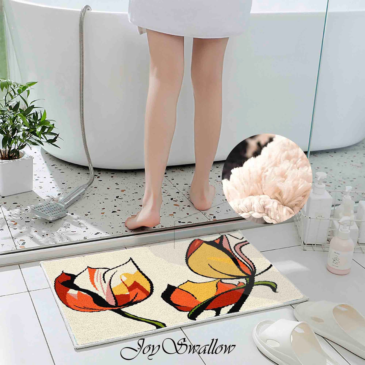 JoySwallow Tulip Flower Tufted Bathmat, Floral Bathroom Rug, Flower Area Rug, Floral Bedroom Rugs