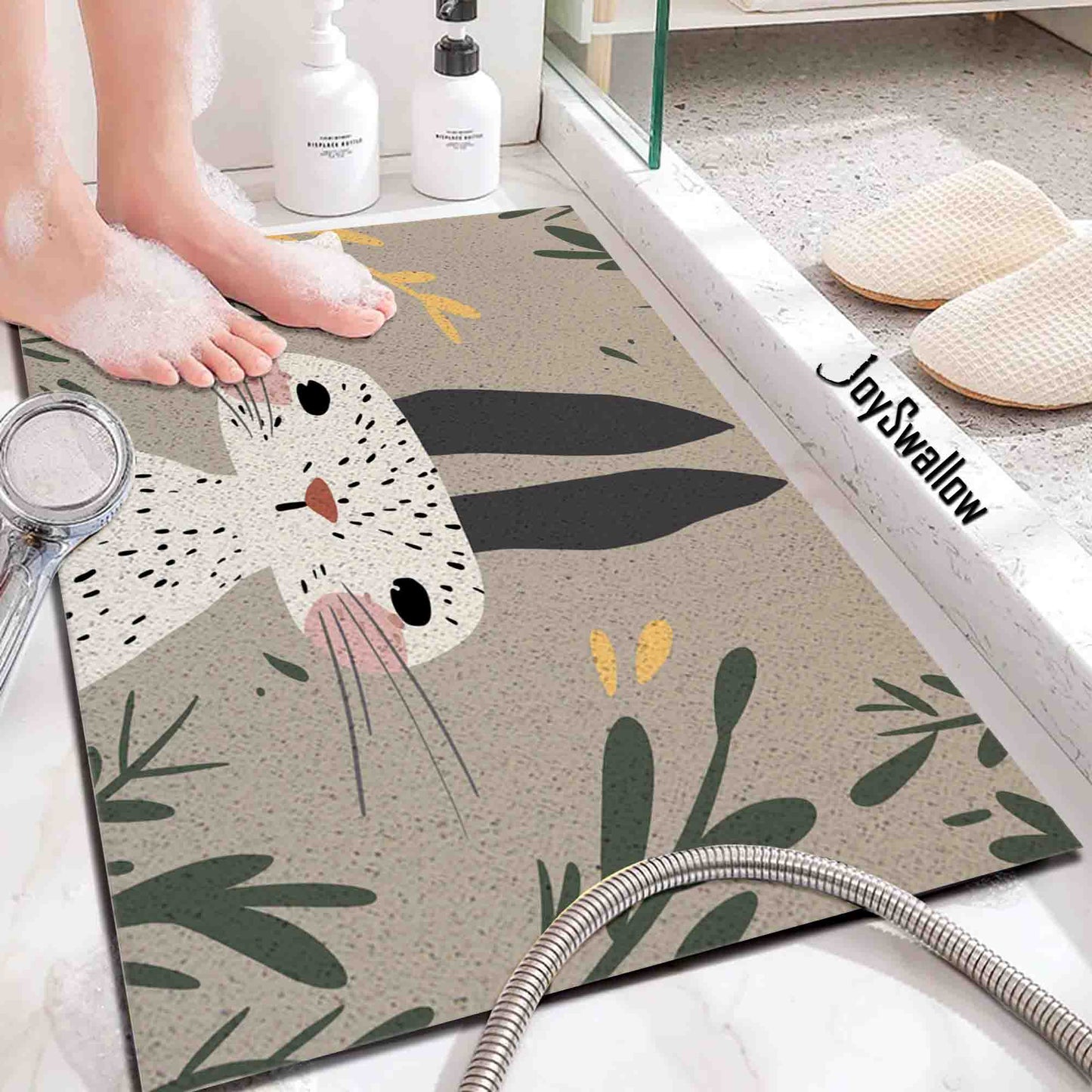 JoySwallow Personalized Bathtub Mat, Lovely Bunny Bathtub Mat, Animal Art PVC Coil Shower Mat, Anti Skid PVC Coil Bathmat, Rabbit Permeable Bathmat, Leaves Drainable Rug