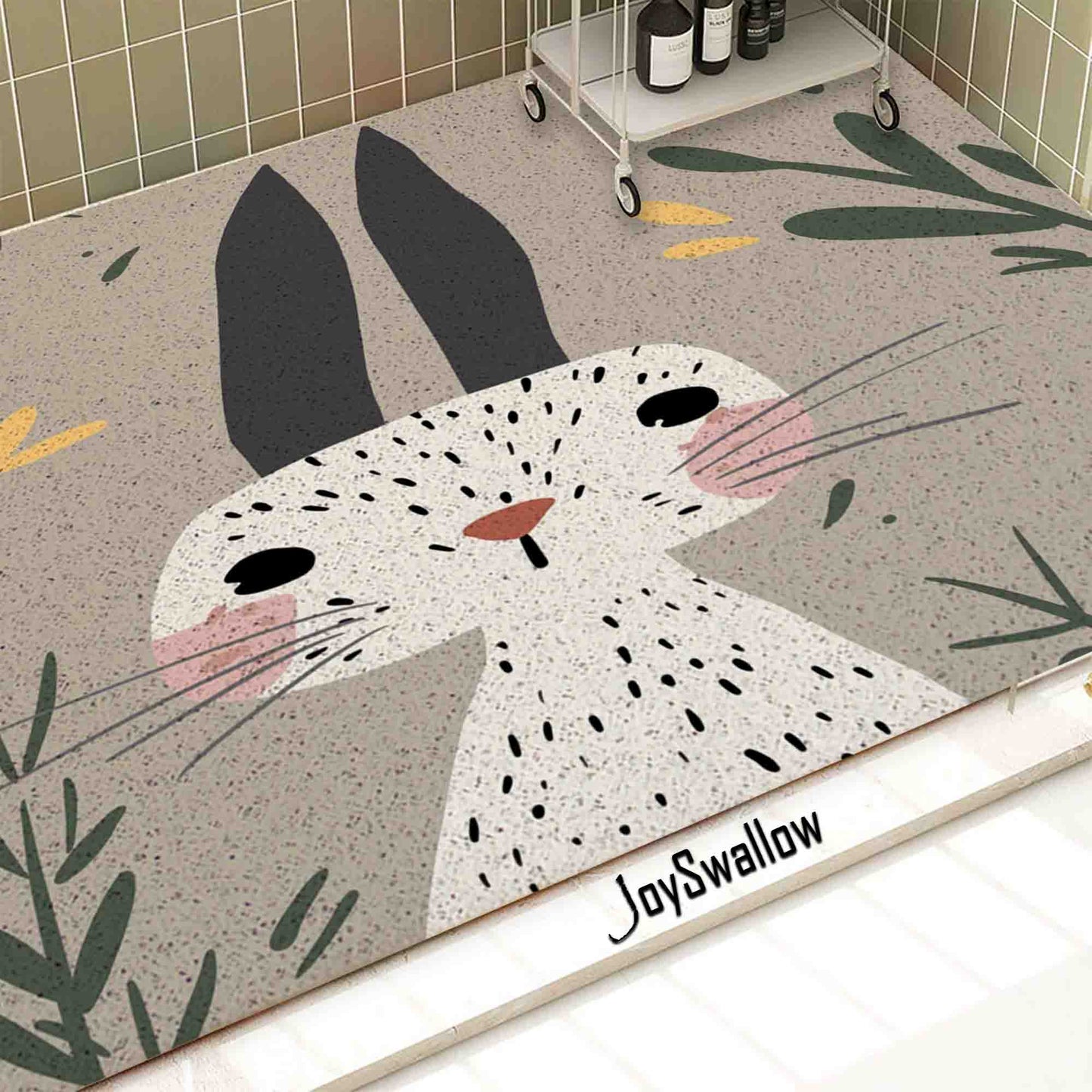JoySwallow Personalized Bathtub Mat, Lovely Bunny Bathtub Mat, Animal Art PVC Coil Shower Mat, Anti Skid PVC Coil Bathmat, Rabbit Permeable Bathmat, Leaves Drainable Rug