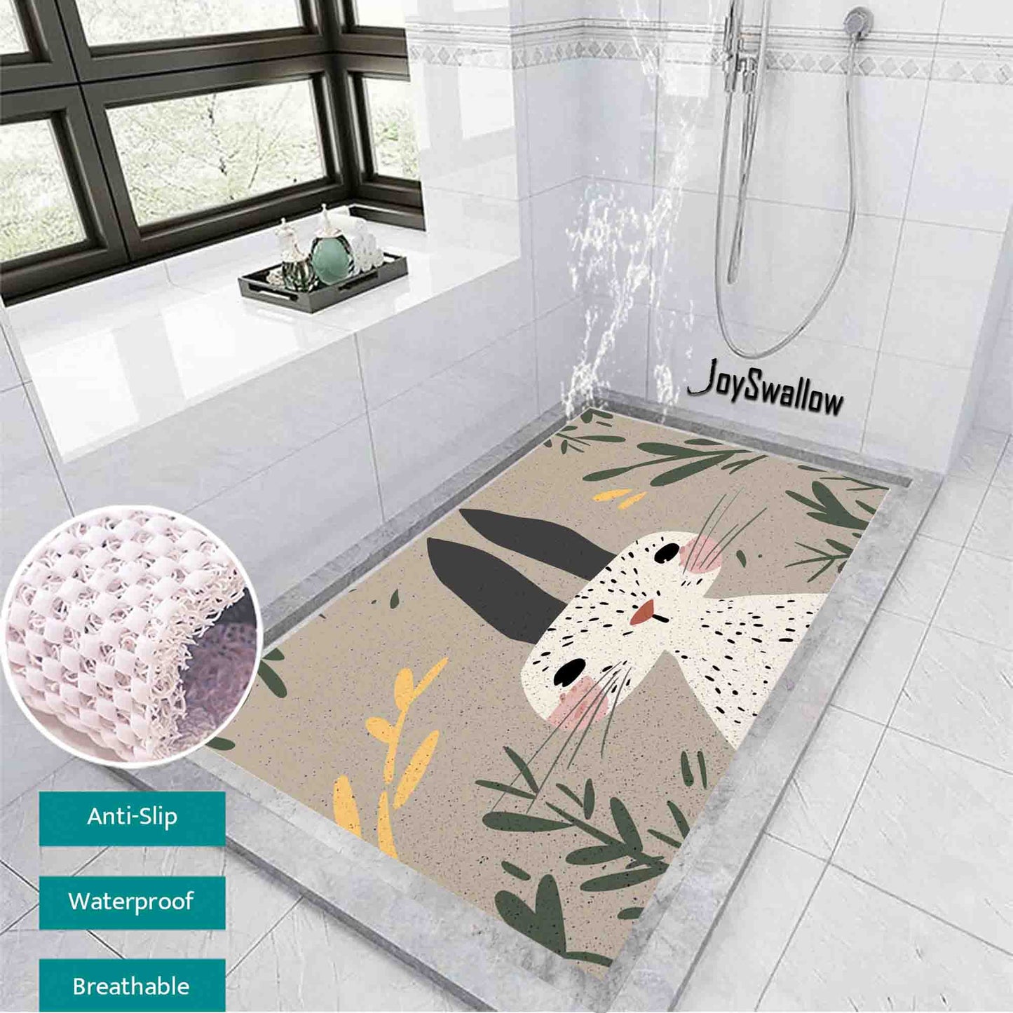 JoySwallow Personalized Bathtub Mat, Lovely Bunny Bathtub Mat, Animal Art PVC Coil Shower Mat, Anti Skid PVC Coil Bathmat, Rabbit Permeable Bathmat, Leaves Drainable Rug
