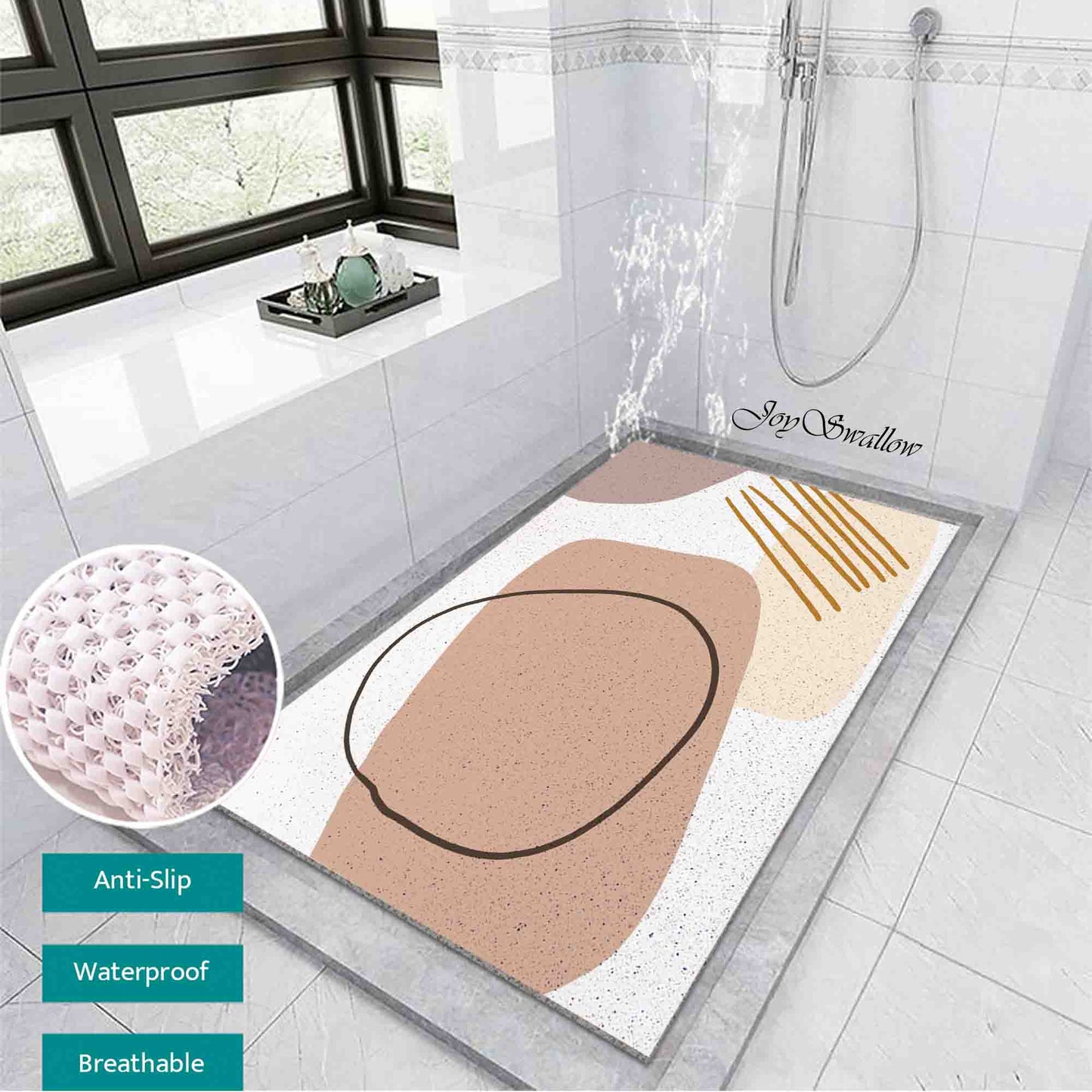 JoySwallow Personalized Bathtub Mat, Modern Abstract Line and Blocks Bathtub Mat, Line Art PVC Coil Shower Mat, Geometrical Anti Skid PVC Coil Bathmat, Permeable Bathmat, Drainable Rug