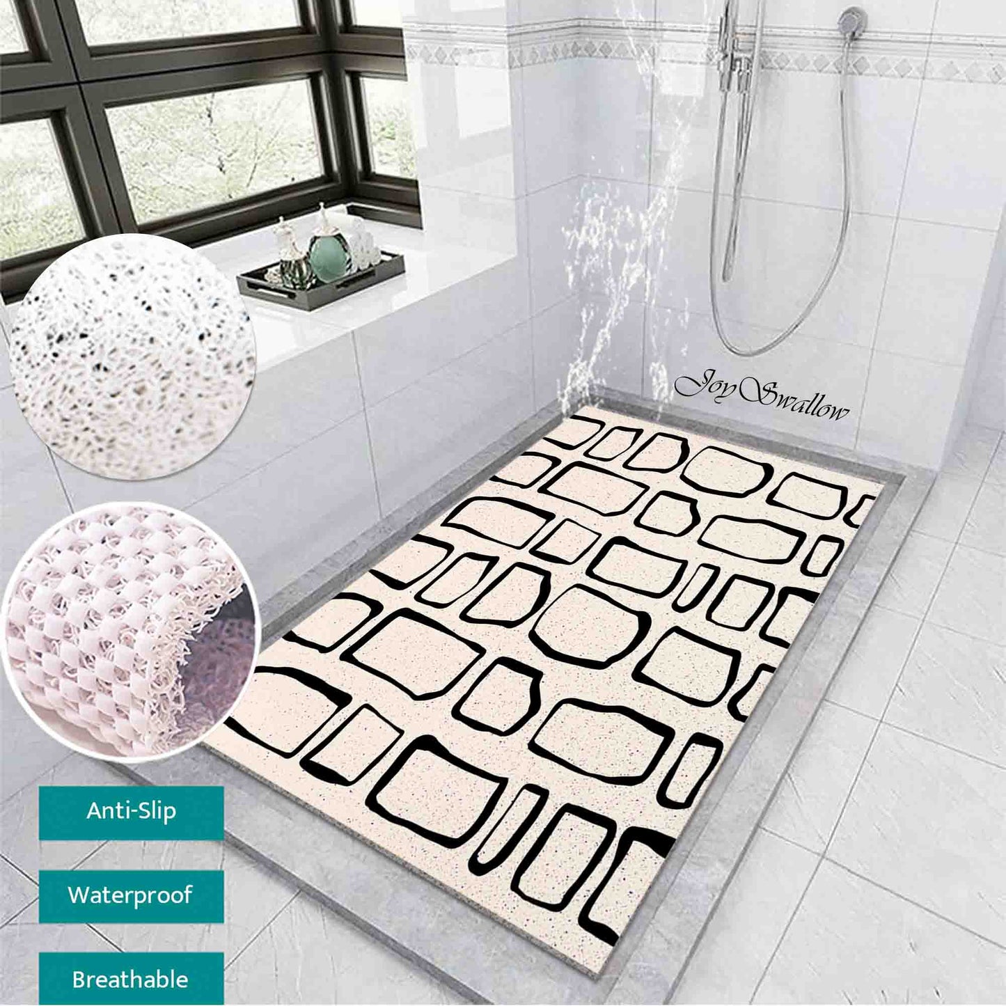 JoySwallow Personalized Bathtub Mat, Modern Irregular Black and White Blocks Bathtub Mat, Abstract PVC Coil Shower Mat, Anti Skid PVC Coil Bathmat, Geometrical Permeable Bathmat, Line Art Drainable Rug