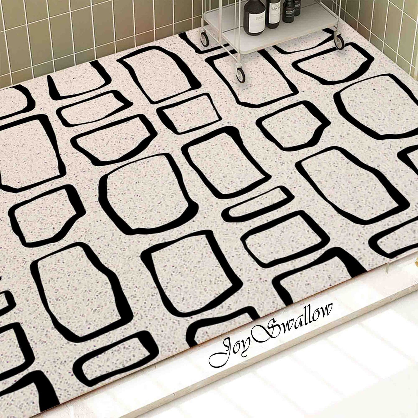 JoySwallow Personalized Bathtub Mat, Modern Irregular Black and White Blocks Bathtub Mat, Abstract PVC Coil Shower Mat, Anti Skid PVC Coil Bathmat, Geometrical Permeable Bathmat, Line Art Drainable Rug