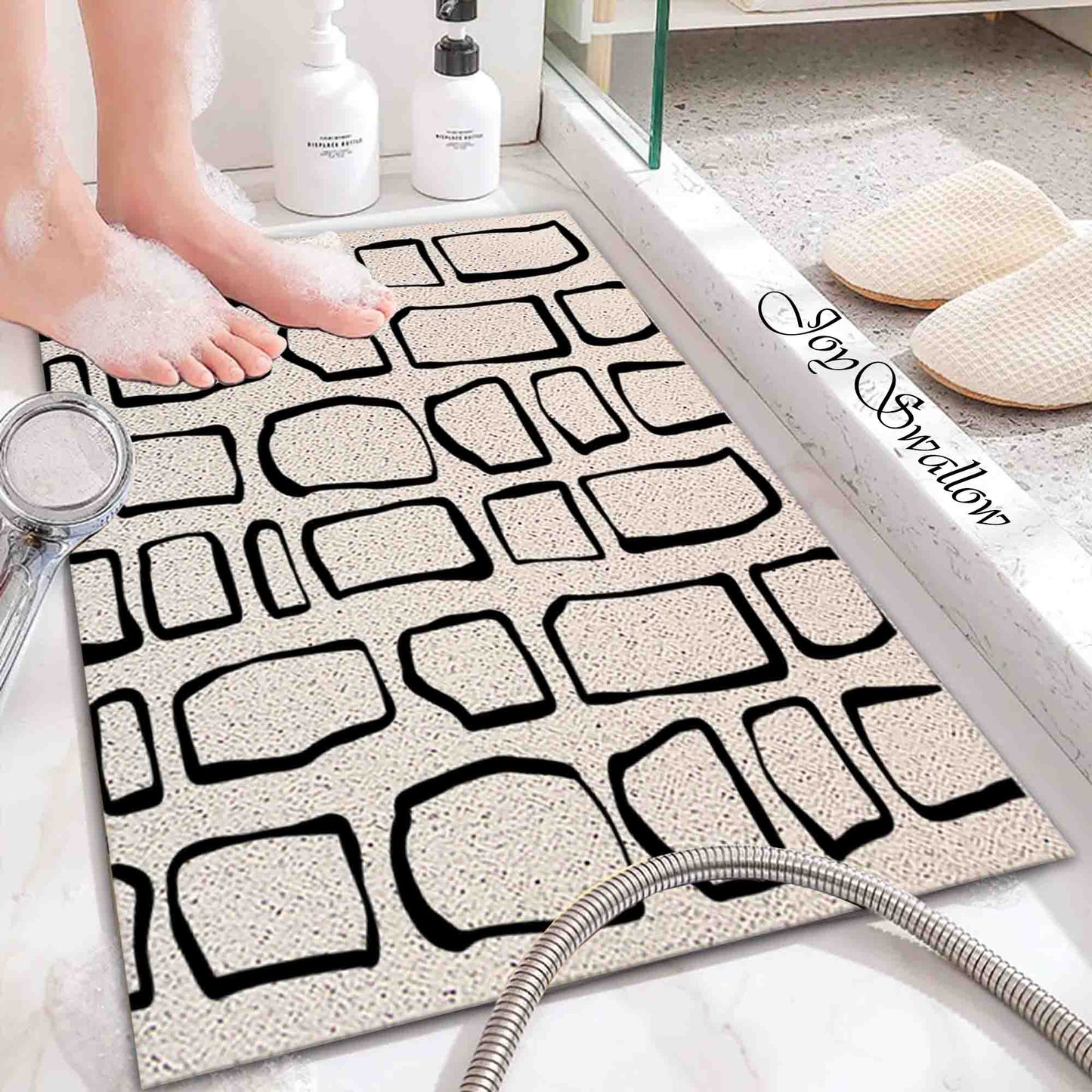 JoySwallow Personalized Bathtub Mat, Modern Irregular Black and White Blocks Bathtub Mat, Abstract PVC Coil Shower Mat, Anti Skid PVC Coil Bathmat, Geometrical Permeable Bathmat, Line Art Drainable Rug