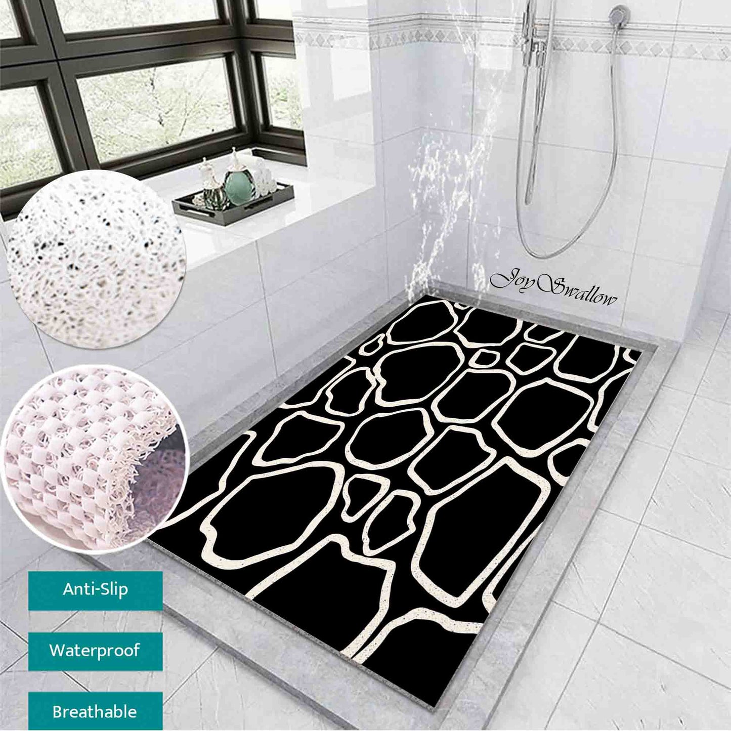JoySwallow Personalized Bathtub Mat, Modern irregular Black and White Stones Bathtub Mat, Abstract PVC Coil Shower Mat, Anti Skid PVC Coil Bathmat, Geometrical Permeable Bathmat, Line Art Drainable Rug