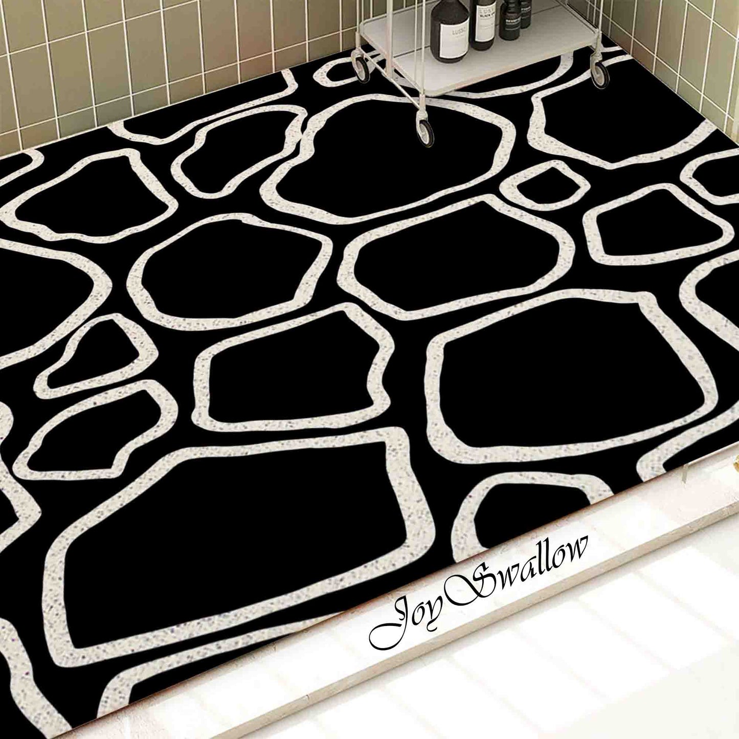 JoySwallow Personalized Bathtub Mat, Modern irregular Black and White Stones Bathtub Mat, Abstract PVC Coil Shower Mat, Anti Skid PVC Coil Bathmat, Geometrical Permeable Bathmat, Line Art Drainable Rug