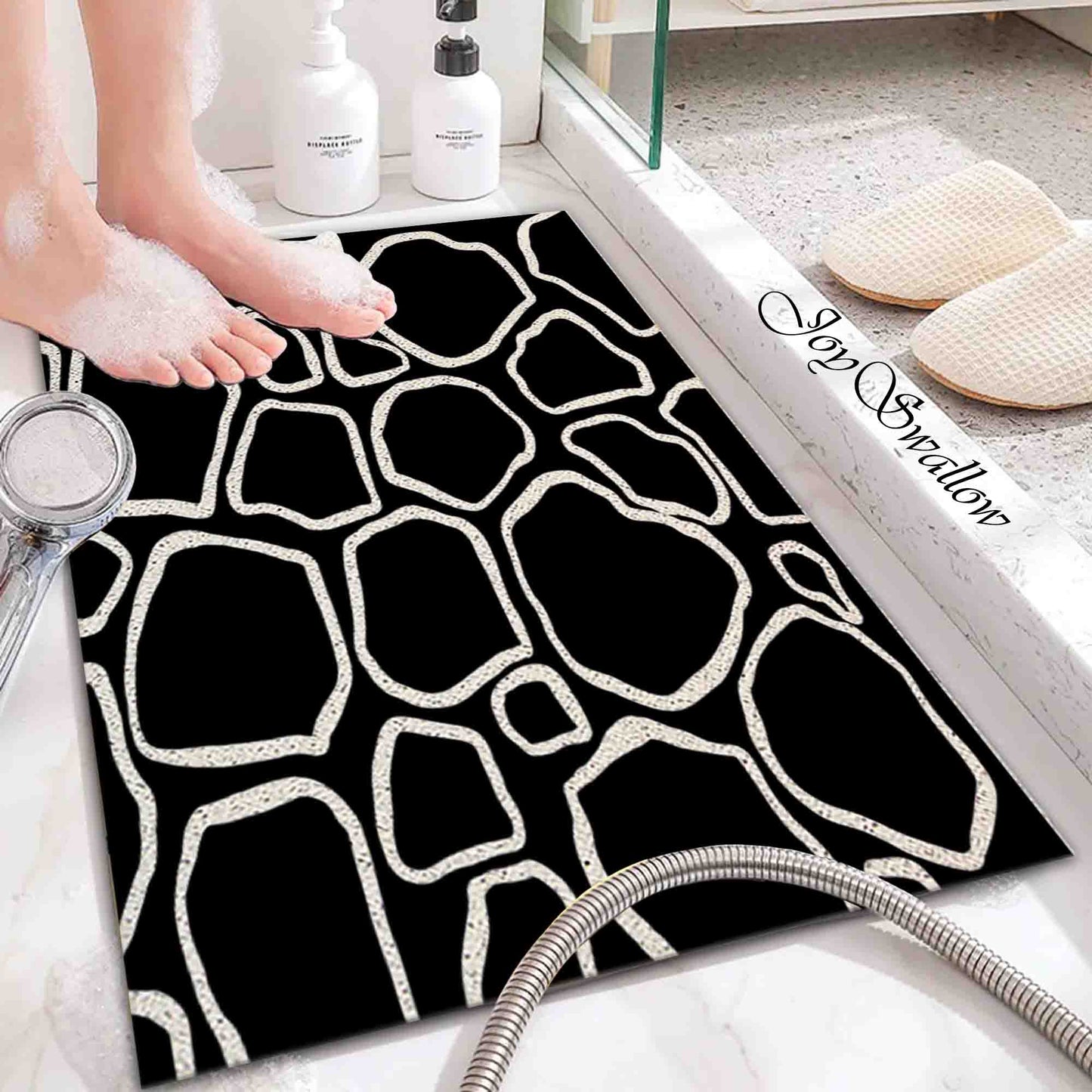 JoySwallow Personalized Bathtub Mat, Modern irregular Black and White Stones Bathtub Mat, Abstract PVC Coil Shower Mat, Anti Skid PVC Coil Bathmat, Geometrical Permeable Bathmat, Line Art Drainable Rug