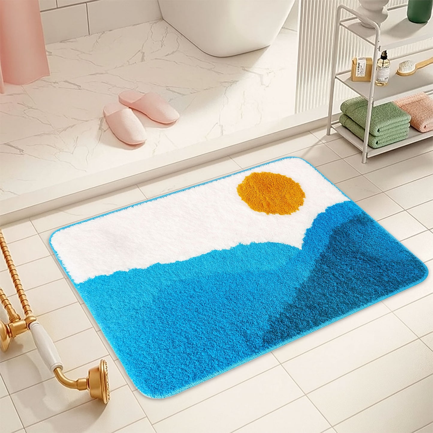 JoySwallow Blue Mountain and Sun Tufted Bathmat, Scenery Bathroom Rug, Landscape Area Rug, Nature Bedroom Rugs