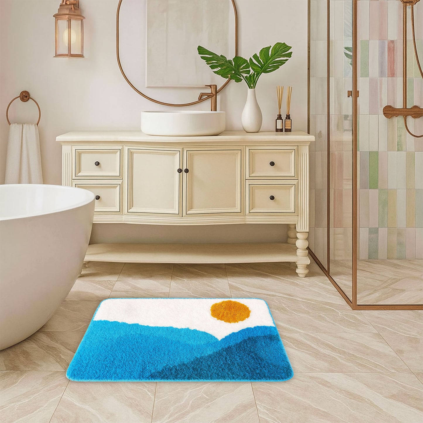 JoySwallow Blue Mountain and Sun Tufted Bathmat, Scenery Bathroom Rug, Landscape Area Rug, Nature Bedroom Rugs