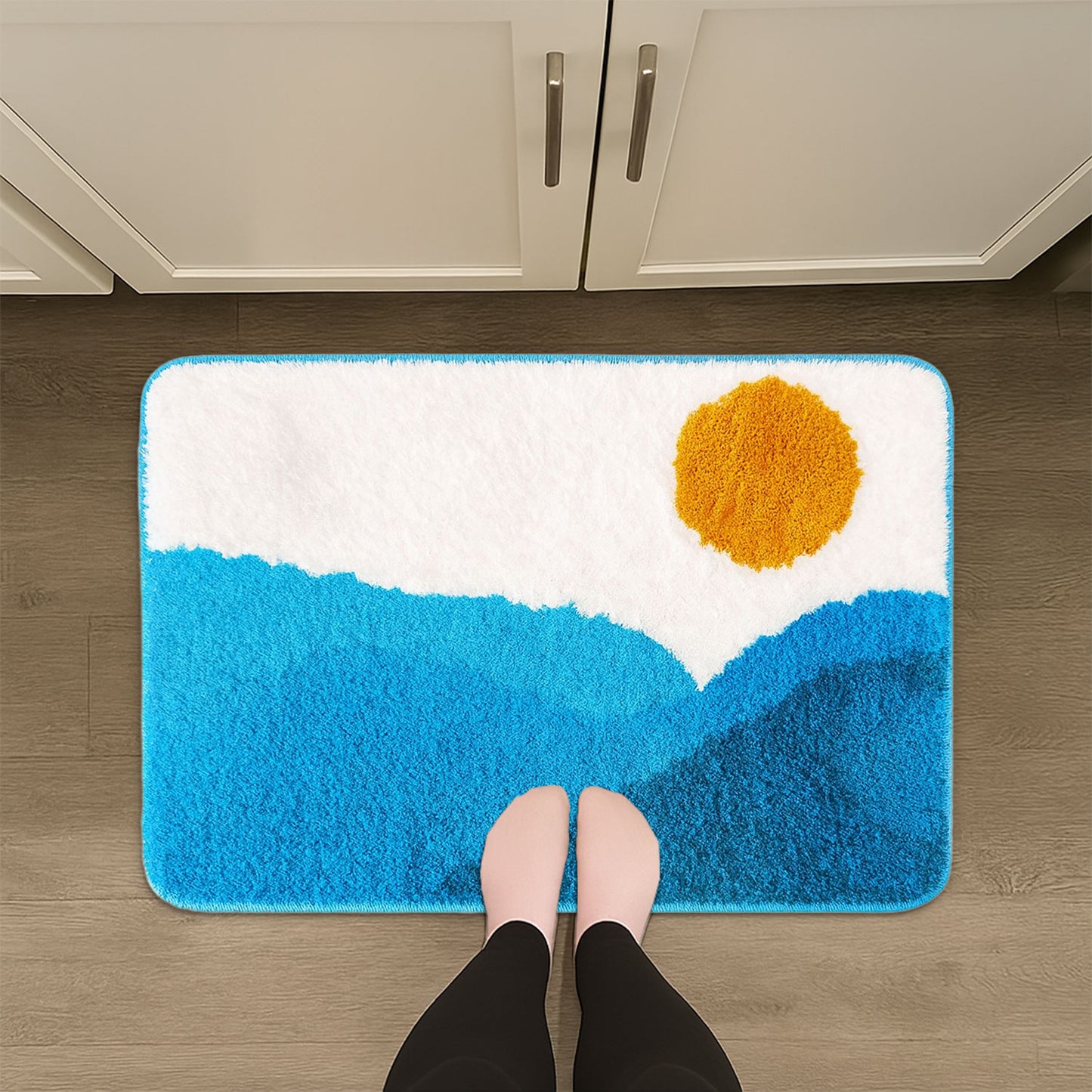 JoySwallow Blue Mountain and Sun Tufted Bathmat, Scenery Bathroom Rug, Landscape Area Rug, Nature Bedroom Rugs