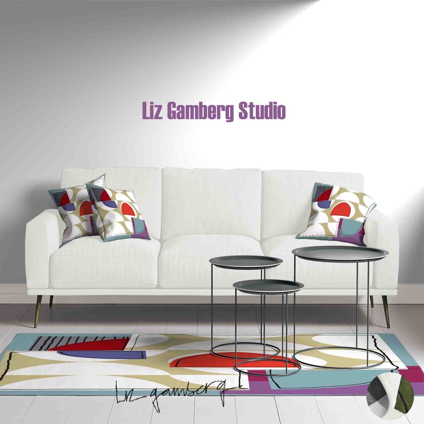 Off White Half Moons Handmade Yarn Dye Living Room Rug by Liz Gamberg Studio from US