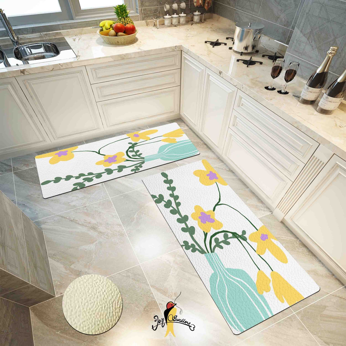 JoySwallow Orange Buttercup and Vase Kitchen Runner, Floral Non-Slip Anti Fatigue Standing Rug, Comfort Floor Mat for Kitchen Laundry Décor