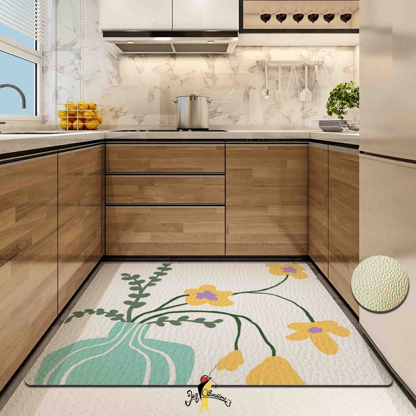 JoySwallow Orange Buttercup and Vase Kitchen Runner, Floral Non-Slip Anti Fatigue Standing Rug, Comfort Floor Mat for Kitchen Laundry Décor