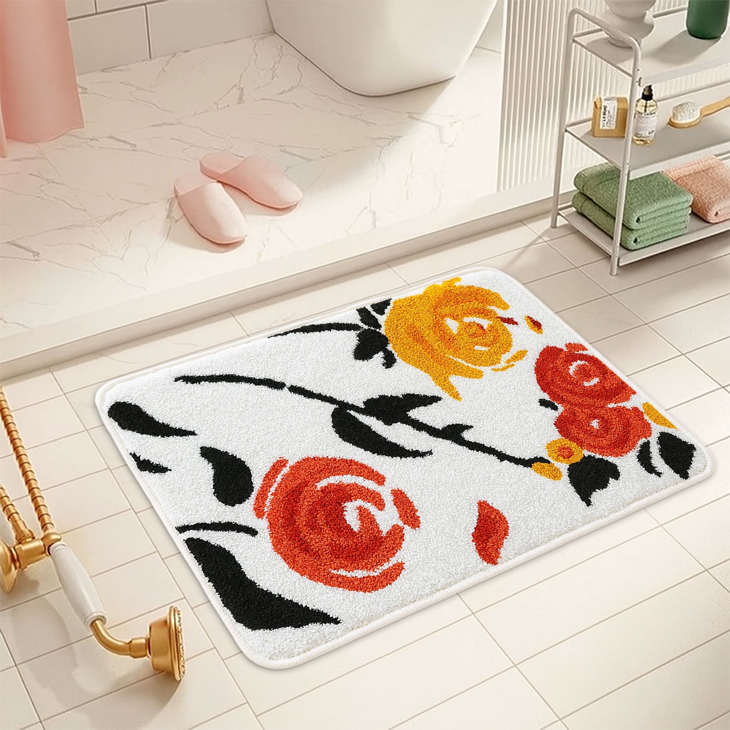 JoySwallow Orange Rose Tufted Bathmat, Floral Bathroom Rug, Flower Area Rug, Floral Bedroom Rugs