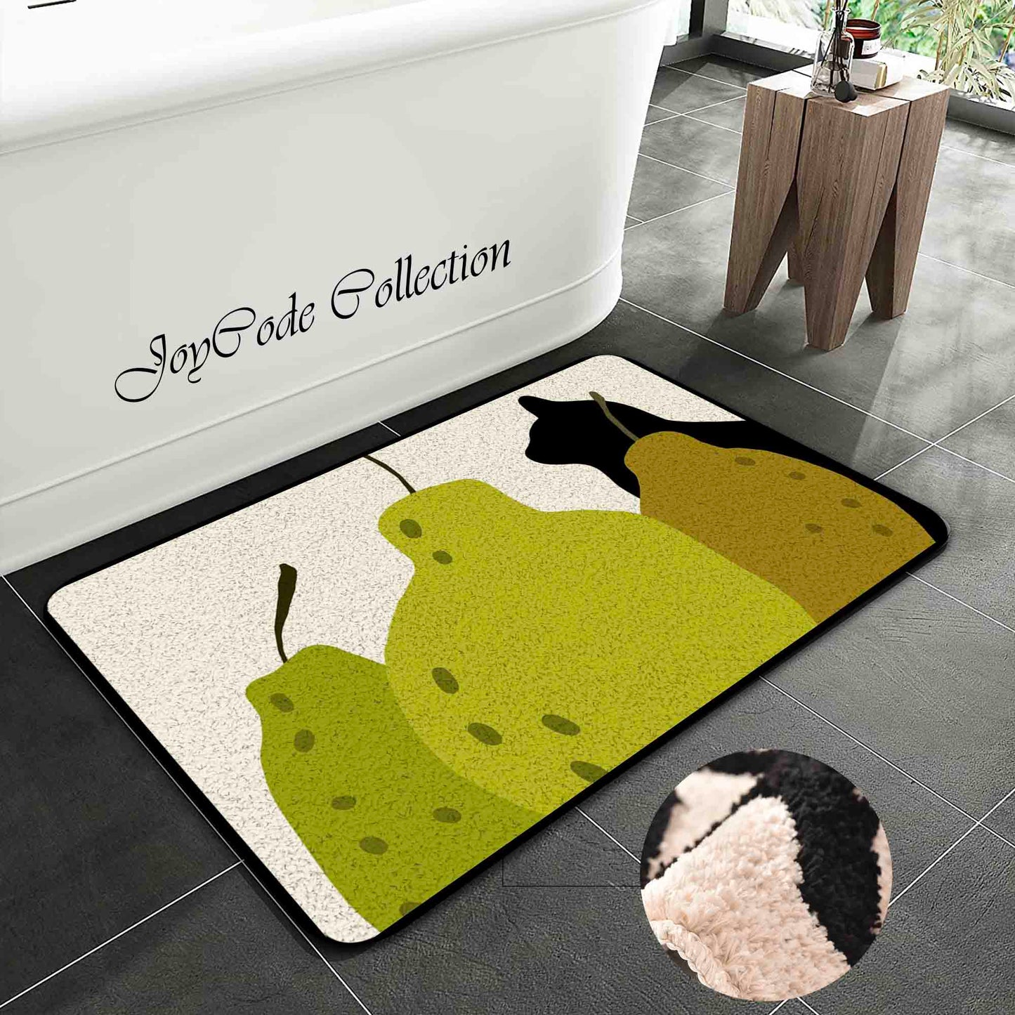 JoySwallow Pears and Cat Tufted Bathmat, Animal Bathroom Rug, Fruit Area Rug, Kitty Bedroom Rugs