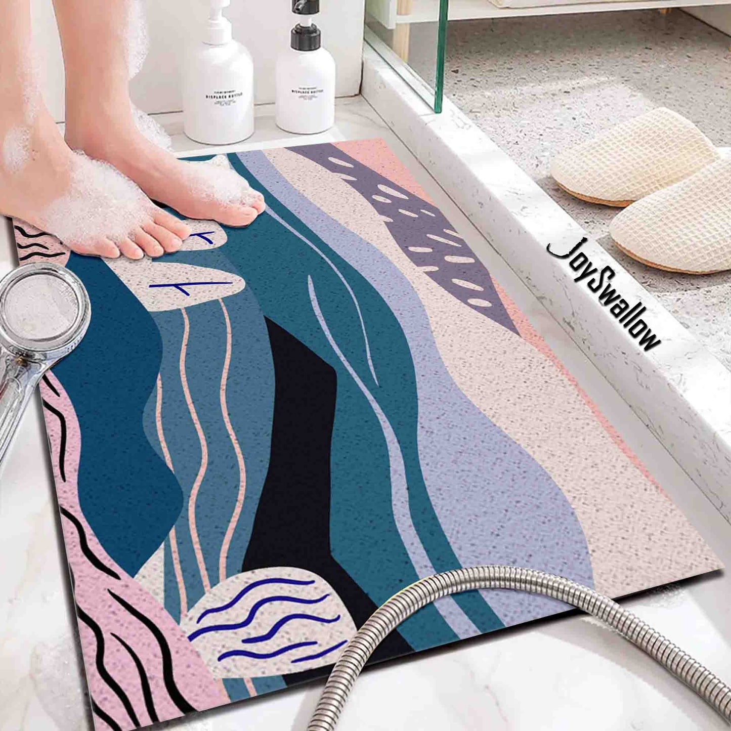 JoySwallow Personalized Bathtub Mat, Abstract Geometrical Landscape Bathtub Mat, Pink Hills Trees PVC Coil Shower Mat, Anti Skid PVC Coil Bathmat, Geometric Permeable Bathmat, Drainable Rug