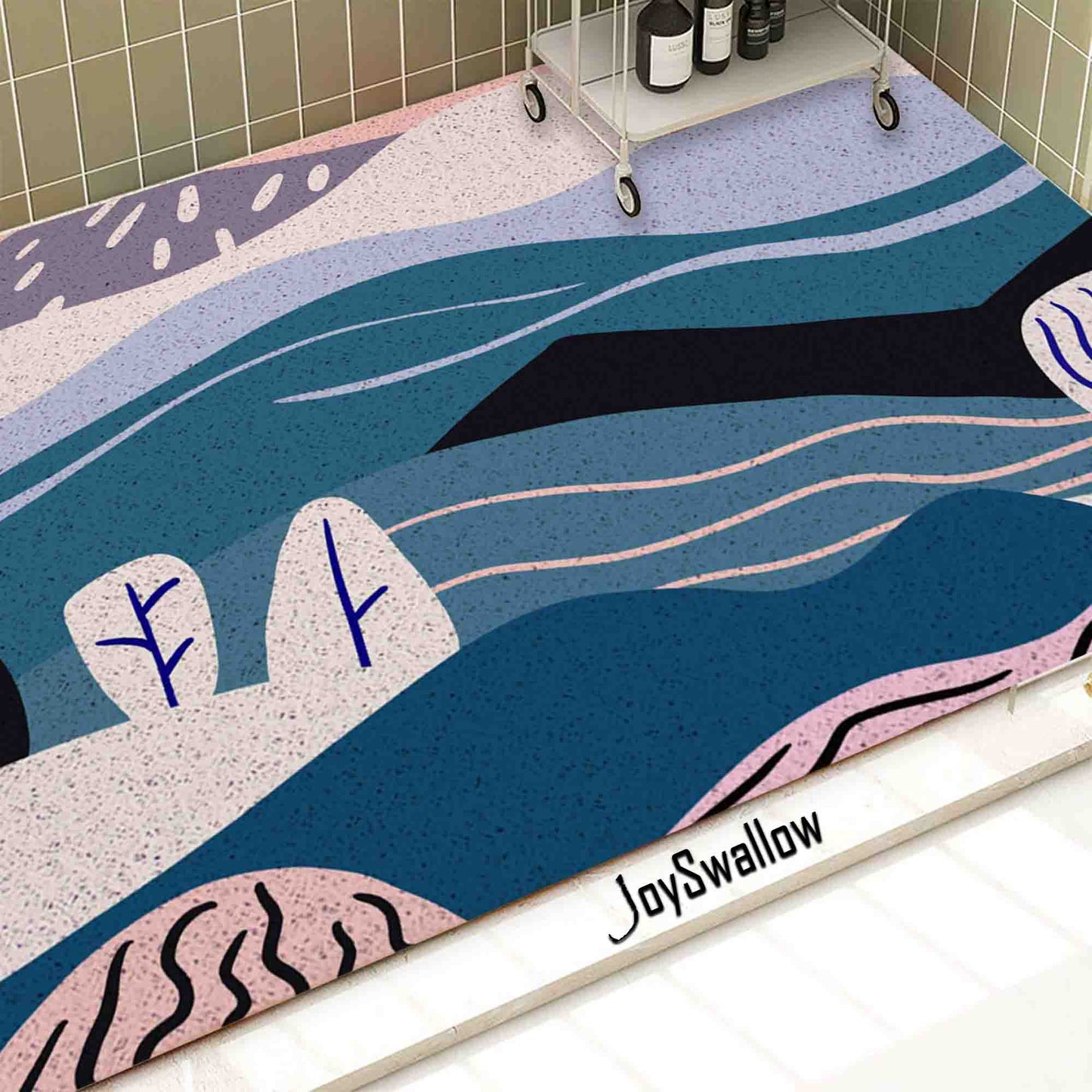 JoySwallow Personalized Bathtub Mat, Abstract Geometrical Landscape Bathtub Mat, Pink Hills Trees PVC Coil Shower Mat, Anti Skid PVC Coil Bathmat, Geometric Permeable Bathmat, Drainable Rug