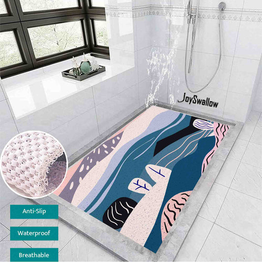 JoySwallow Personalized Bathtub Mat, Abstract Geometrical Landscape Bathtub Mat, Pink Hills Trees PVC Coil Shower Mat, Anti Skid PVC Coil Bathmat, Geometric Permeable Bathmat, Drainable Rug