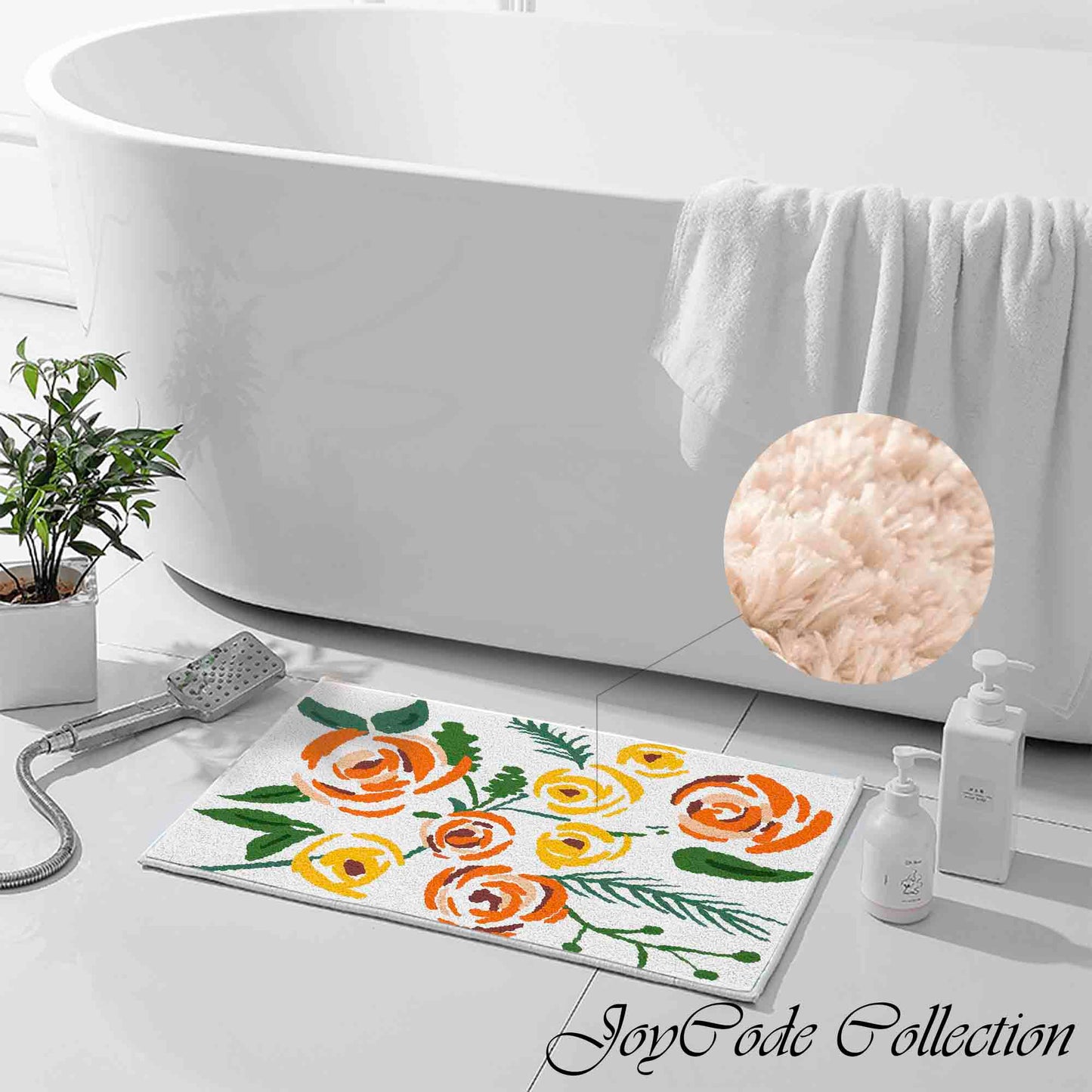 JoySwallow Orange Champagne Roses Tufted Bathmat, Floral Bathroom Rug, Flower Area Rug, Floral Bedroom Rugs