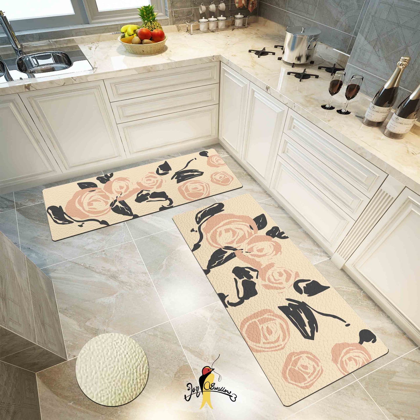 JoySwallow Pink Rose Flower Kitchen Runner, Floral Non-Slip Anti Fatigue Standing Rug, Comfort Floor Mat for Kitchen Laundry Décor
