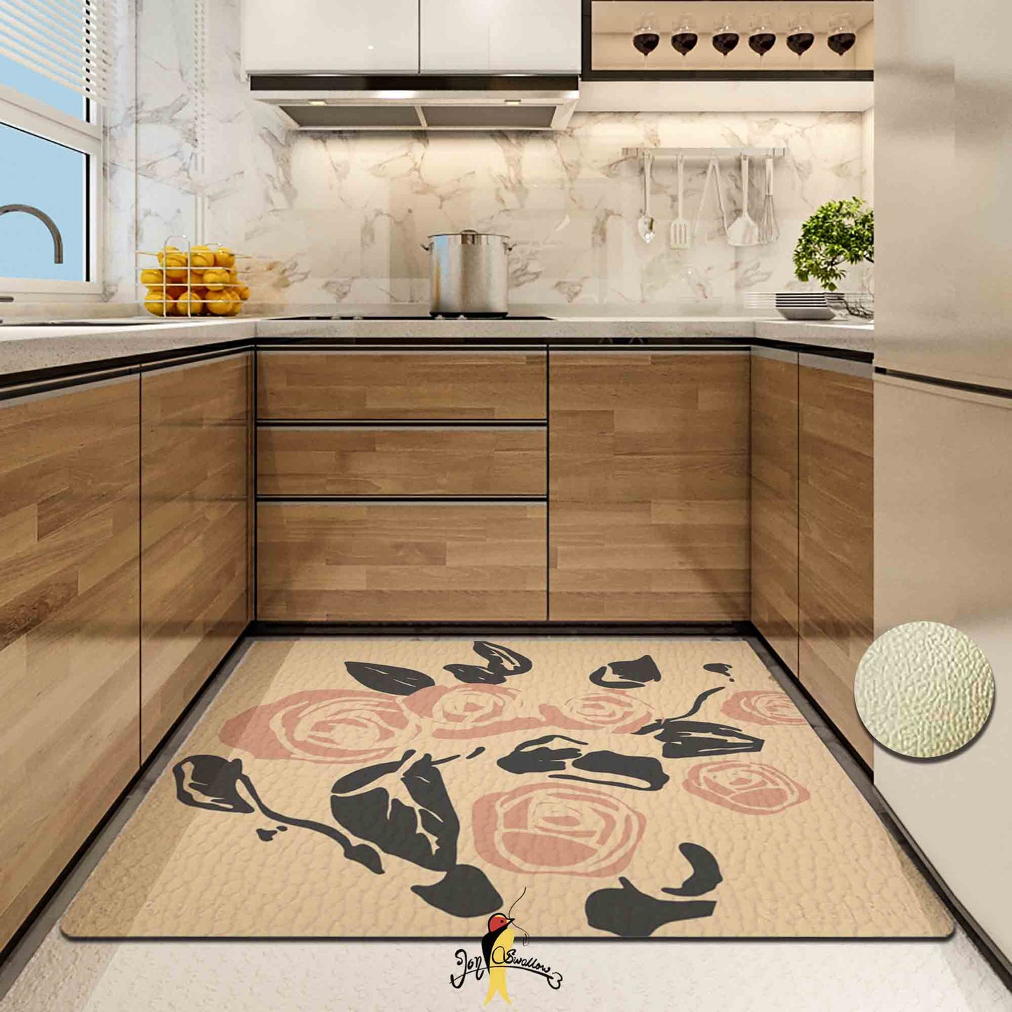 JoySwallow Pink Rose Flower Kitchen Runner, Floral Non-Slip Anti Fatigue Standing Rug, Comfort Floor Mat for Kitchen Laundry Décor