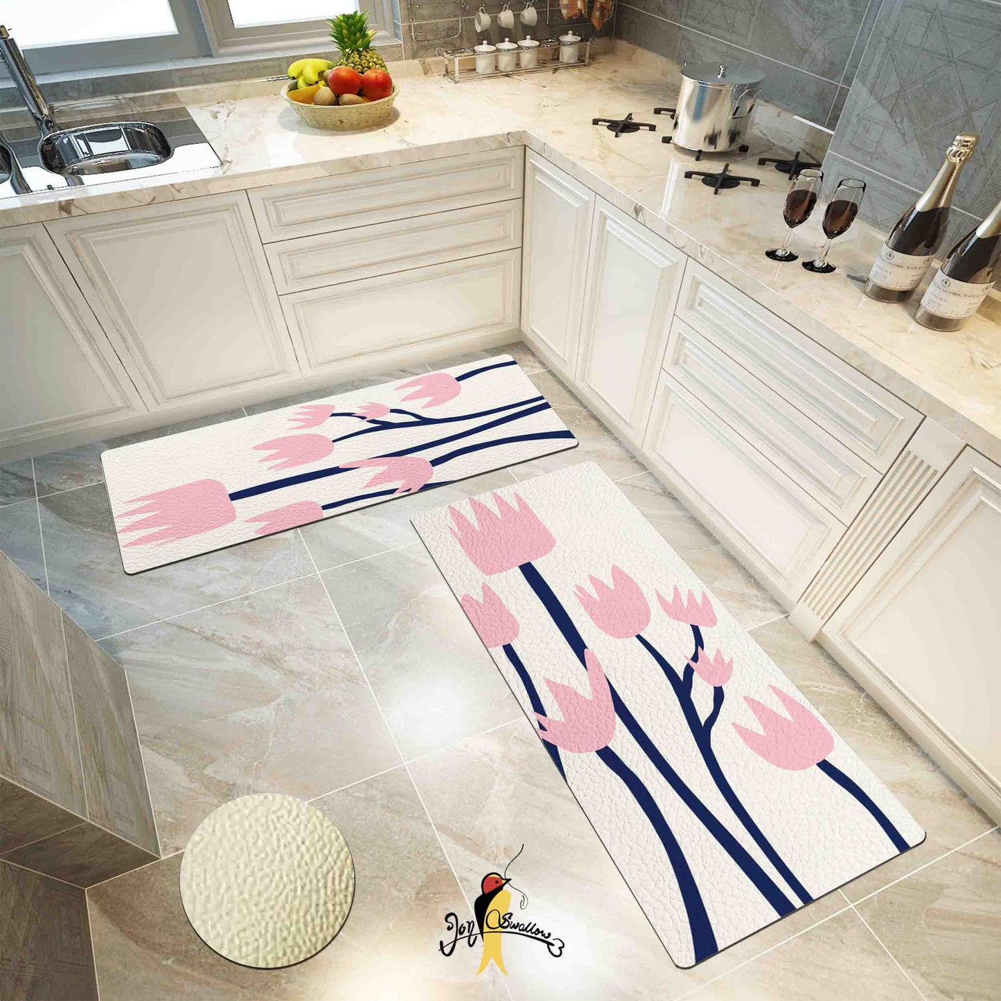 JoySwallow Pink Tulip Kitchen Runner, Floral Non-Slip Anti Fatigue Standing Rug, Comfort Floor Mat for Kitchen Laundry Décor