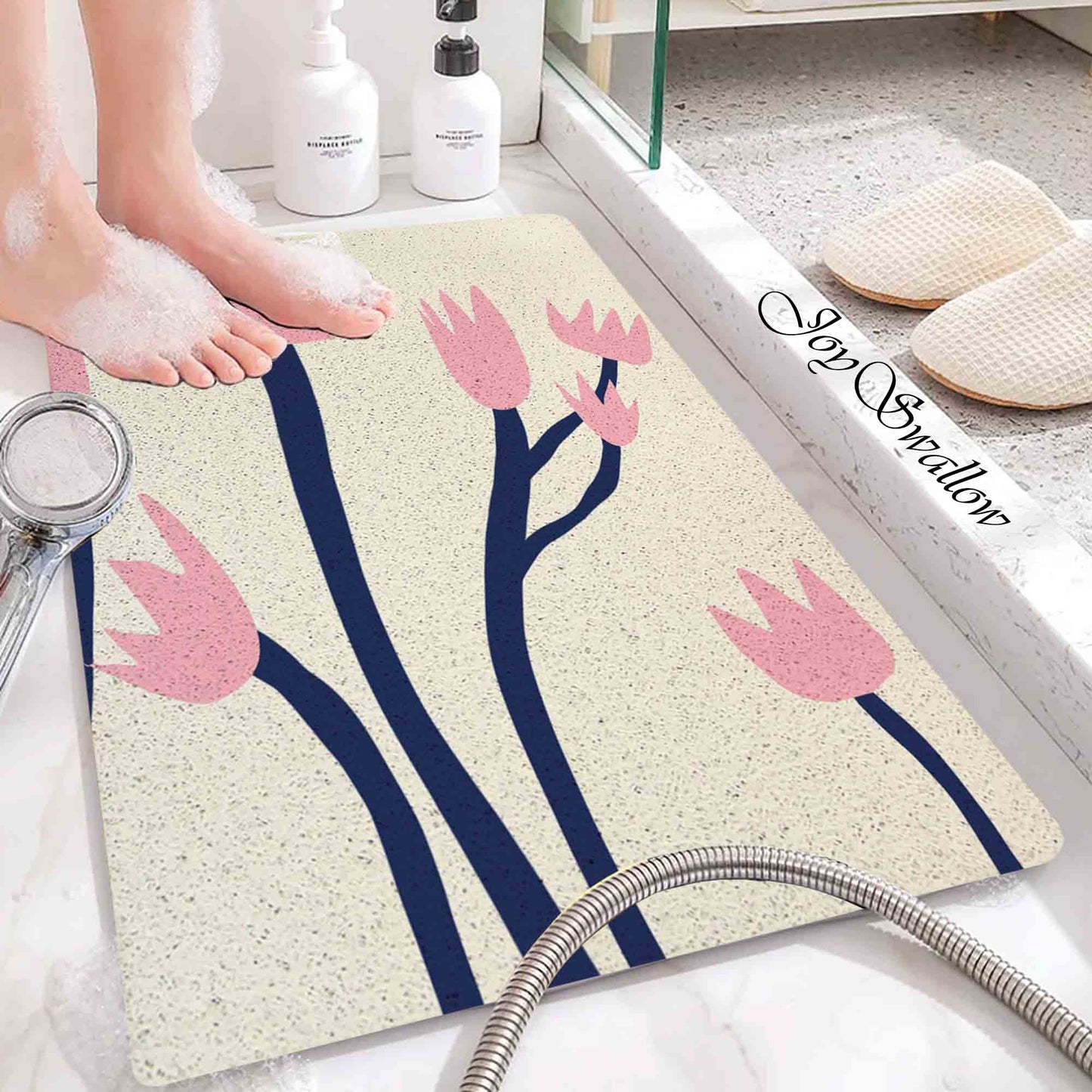 JoySwallow Personalized Bathtub Mat, Pink Tulip Bathtub Mat, Art PVC Coil Shower Mat, Flower Anti Skid PVC Coil Bathmat, Permeable Bathmat, Drainable Rug