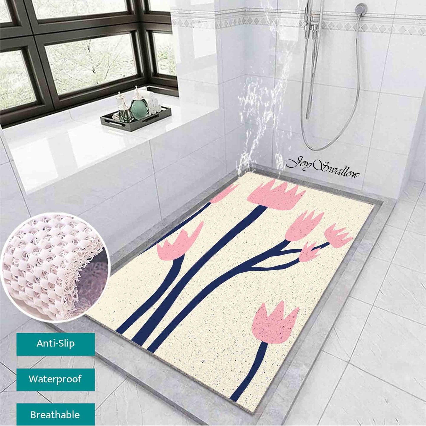 JoySwallow Personalized Bathtub Mat, Pink Tulip Bathtub Mat, Art PVC Coil Shower Mat, Flower Anti Skid PVC Coil Bathmat, Permeable Bathmat, Drainable Rug