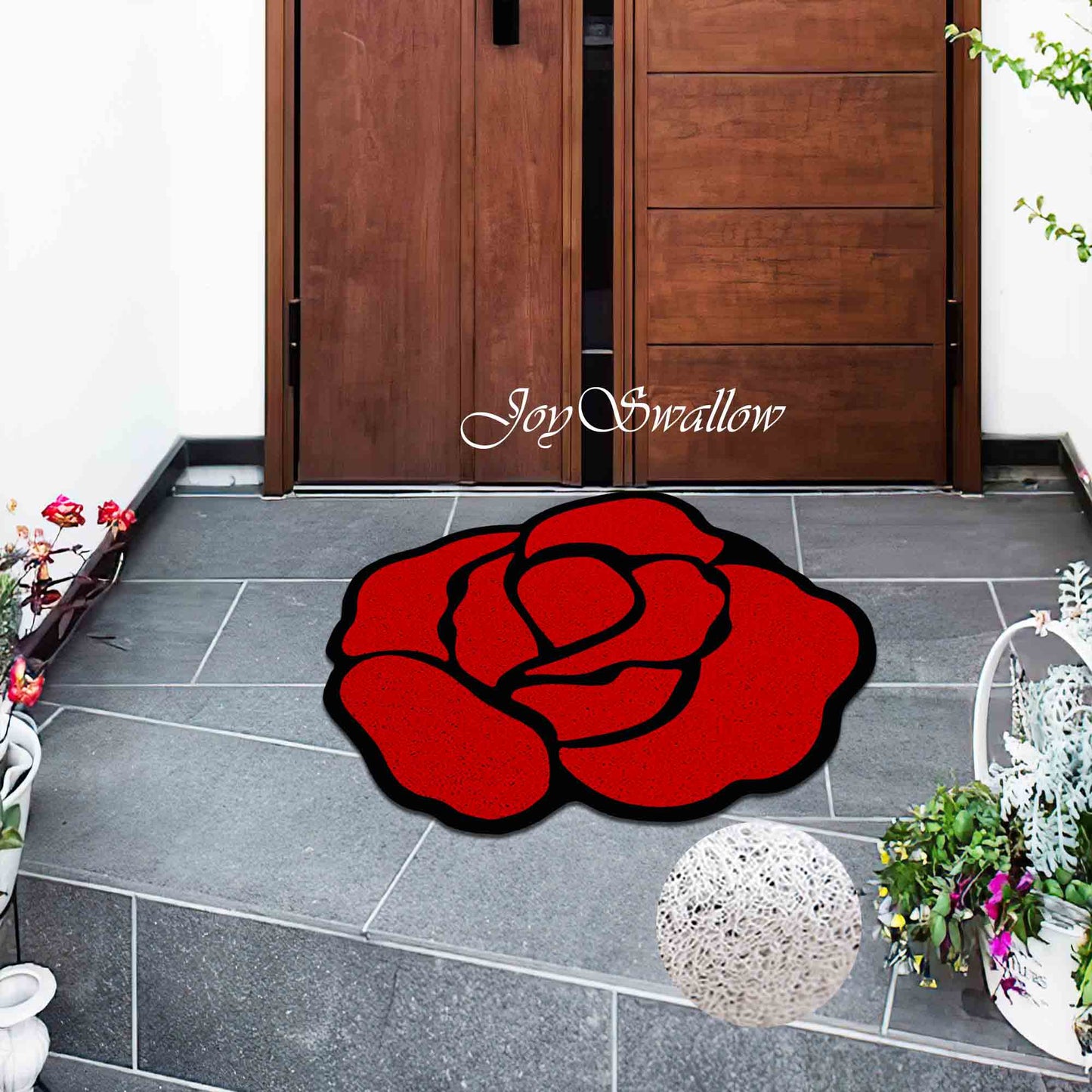JoySwallow Irregular Red Rose Door Mat, Flower Doorway Rug, PVC Coil Entrance Mat Mat, Anti-Skid Outdoor Mat, Floral Indoor Mat, Colorful Entryway Rug for Porch Courtyard