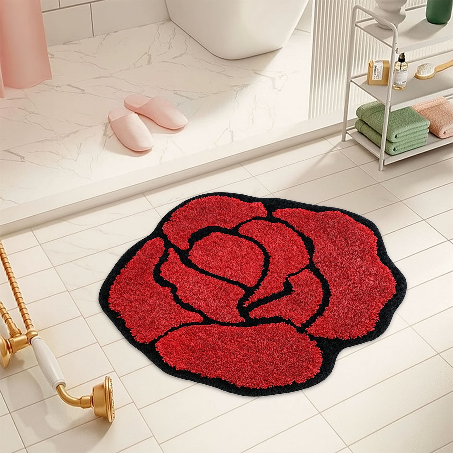JoySwallow Irregular Valentine Red Rose Tufted Bathmat, Floral Bathroom Rug, Flower Area Rug, Floral Bedroom Rugs,Valentines Gift