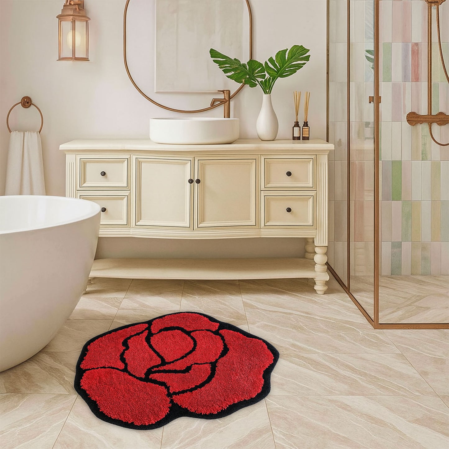 JoySwallow Irregular Valentine Red Rose Tufted Bathmat, Floral Bathroom Rug, Flower Area Rug, Floral Bedroom Rugs,Valentines Gift