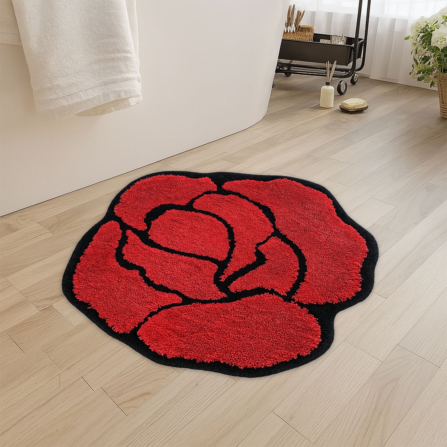 JoySwallow Irregular Valentine Red Rose Tufted Bathmat, Floral Bathroom Rug, Flower Area Rug, Floral Bedroom Rugs,Valentines Gift