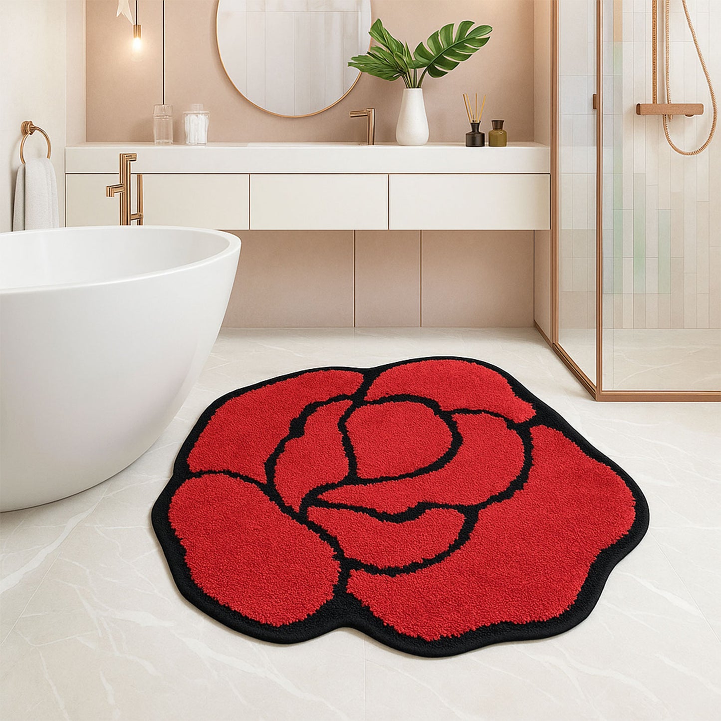JoySwallow Irregular Valentine Red Rose Tufted Bathmat, Floral Bathroom Rug, Flower Area Rug, Floral Bedroom Rugs,Valentines Gift