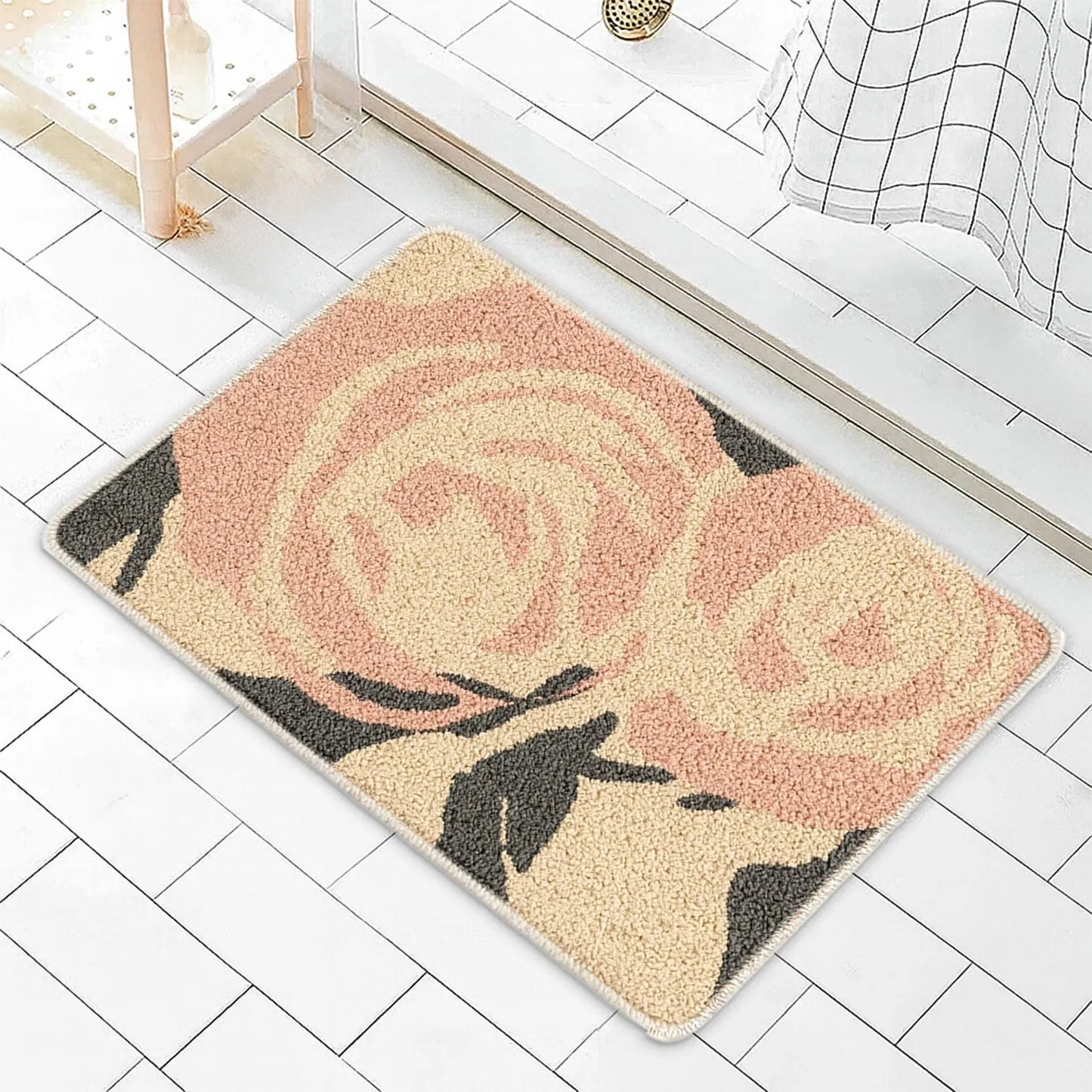 JoySwallow Pink Roses Flowers Tufted Bathmat, Floral Bathroom Rug, Flower Area Rug, Floral Bedroom Rugs
